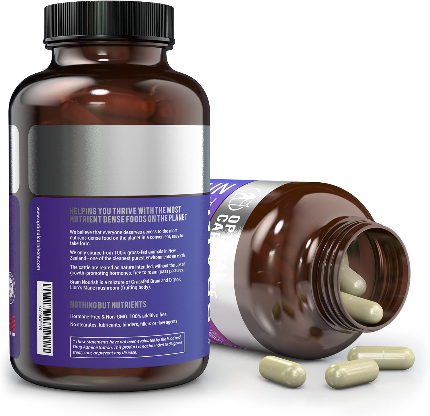Optimal Carnivore Lions Mane Mushroom Supplement & Beef Brain, Powerful Nootropics Brain Support Supplement, Brain Supplements for Memory and Focus, 180 Capsules