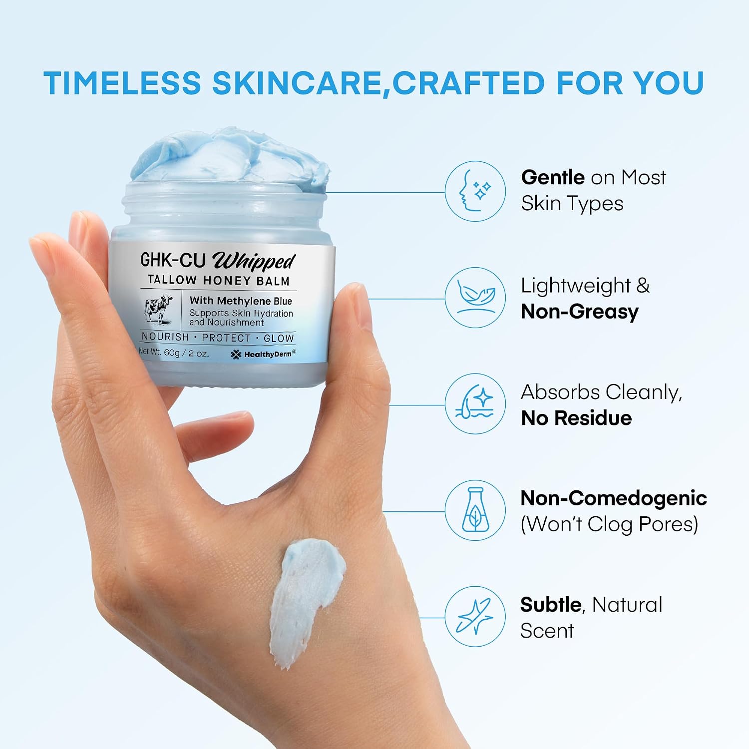 HealthyDerm Copper Peptides GHK-Cu Beef Tallow for Skin: Blue Balm with Methylene Blue, Manuka Honey & Vitamin E – Natural Face and Body Moisturizer for Mature, Dry & Sensitive Skin – 2oz