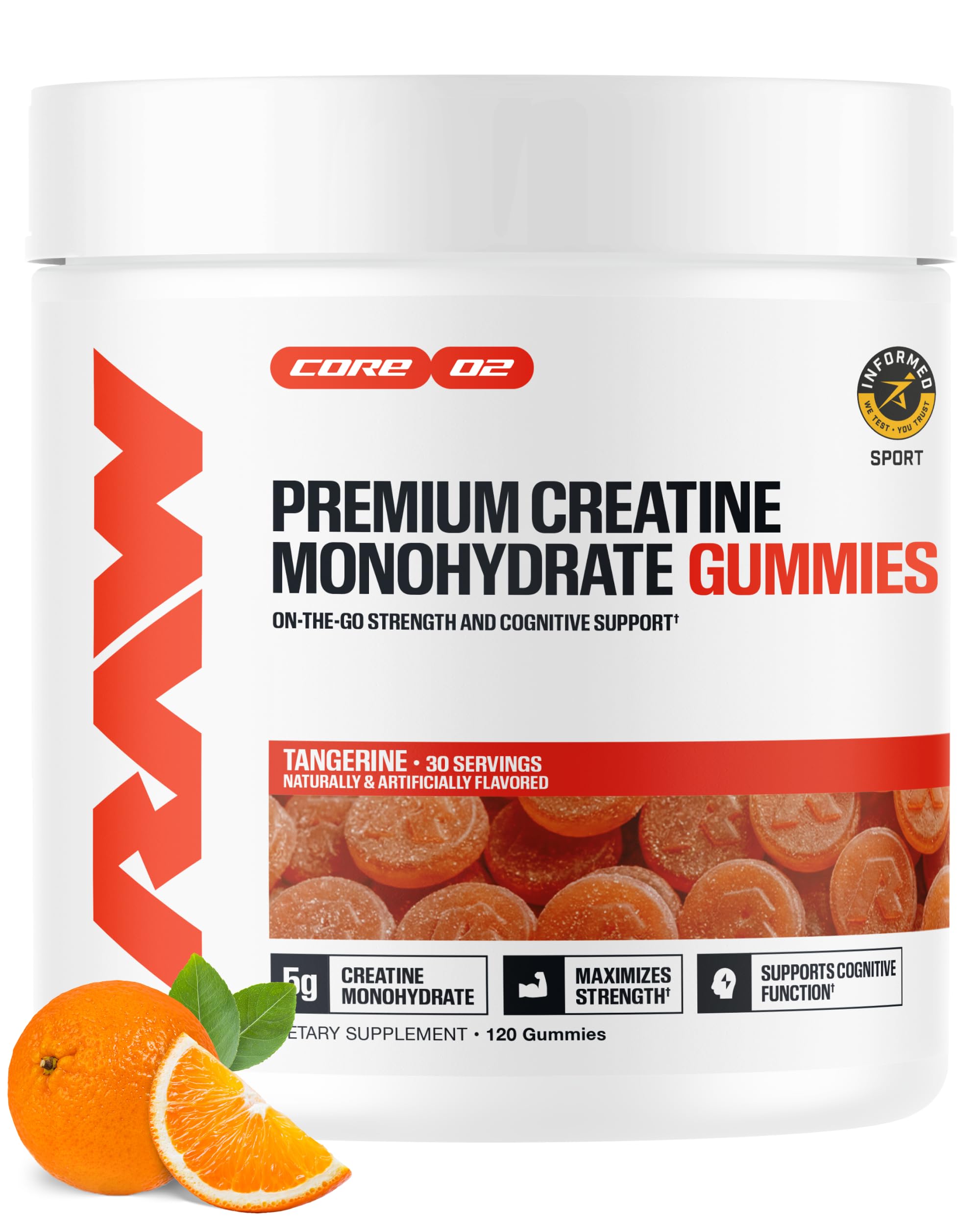 RAW Nutrition Creatine Gummies, Blue Raspberry, 5g Creatine Monohydrate, Supports Strength & High-Intensity Performance, No Mixing Chewable Pre/Post Workout Supplement, 120 Gummies (30 Servings)