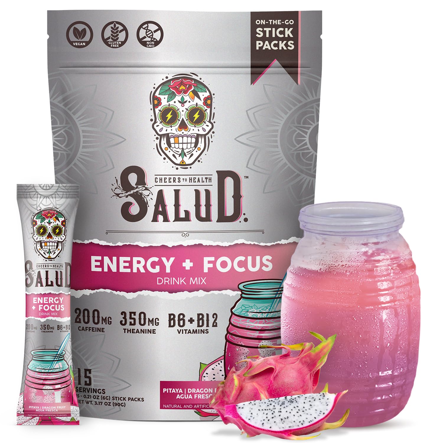 Salud 2-in-1 Energy + Focus Drink Mix, Hibiscus | Organic Caffeine, B6 + B12, Theanine, Clean Energy Packets, Agua Fresca Mix, Non-GMO, Gluten Free, 1g of Sugar (15 Servings)