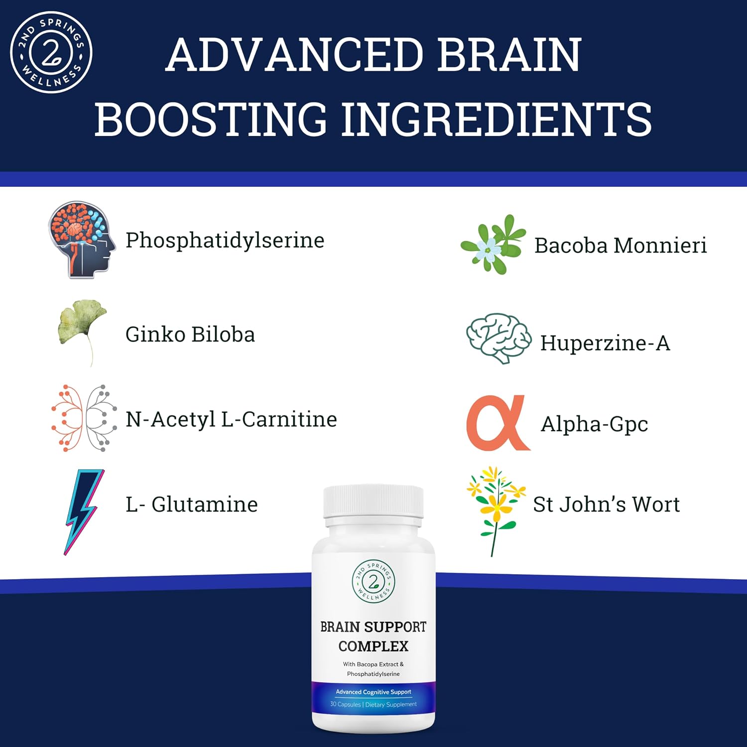 Brain Support Complex Nootropic Supplement, 30 Ct | Ginkgo Biloba, Bacopa Monnieri, Phosphatidylserine, Huperzine-A, St. John's Wort
