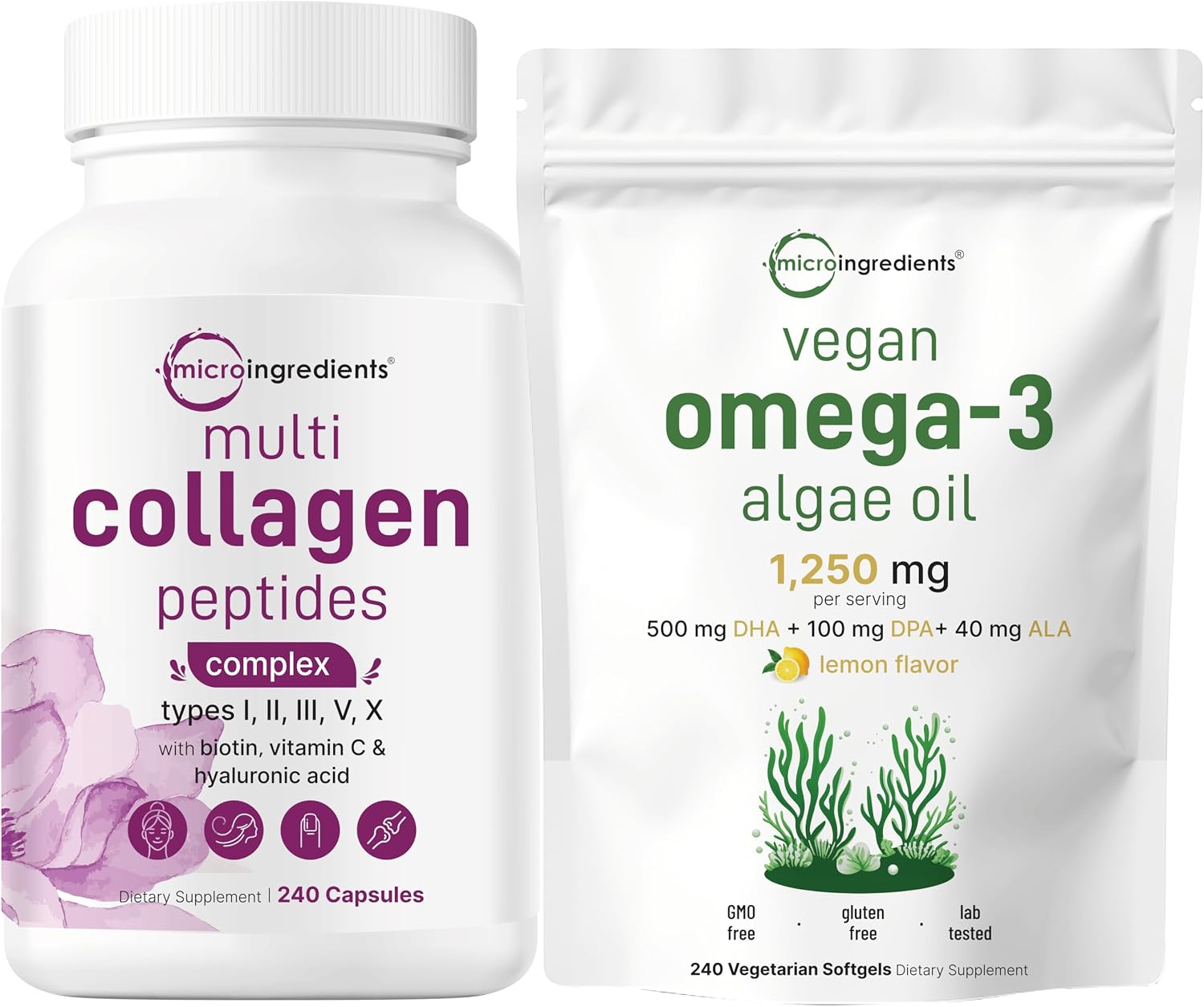 Micro Ingredients Multi Collagen Complex & Vegan Omega 3 Algae Oil Supplement Bundle 2 Pack | Grass-Fed Collagen Peptides | Omega-3 Full Spectrum Alternative to Fish Oil