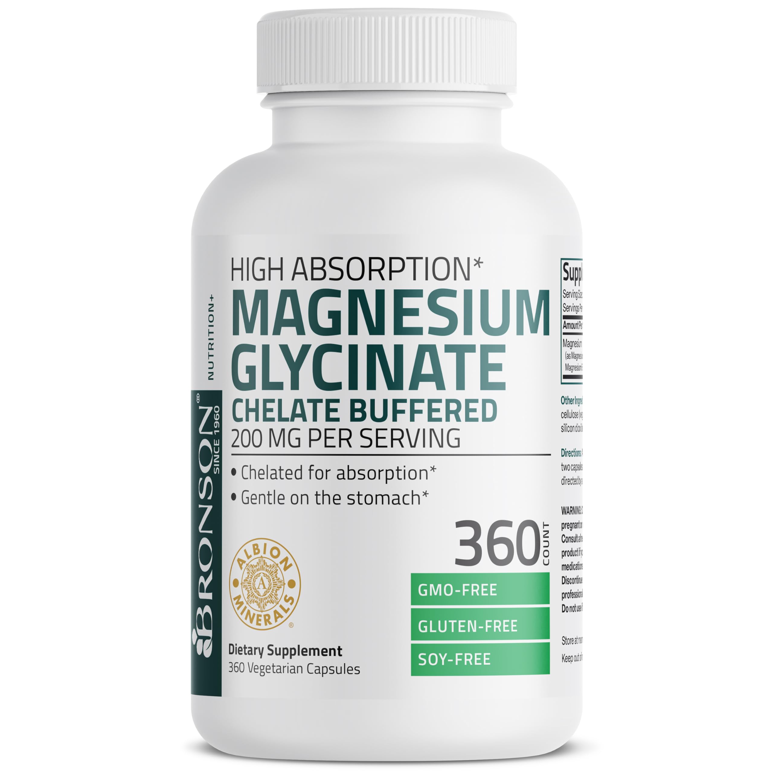 Bronson Magnesium Glycinate 200 MG Chelated High Absorption, 60 Capsules | Stress Relief, Sleep, Heart Health, Nerves, Muscles, and Metabolism Support, Vegetarian, Non-GMO, Gluten Free, Soy Free