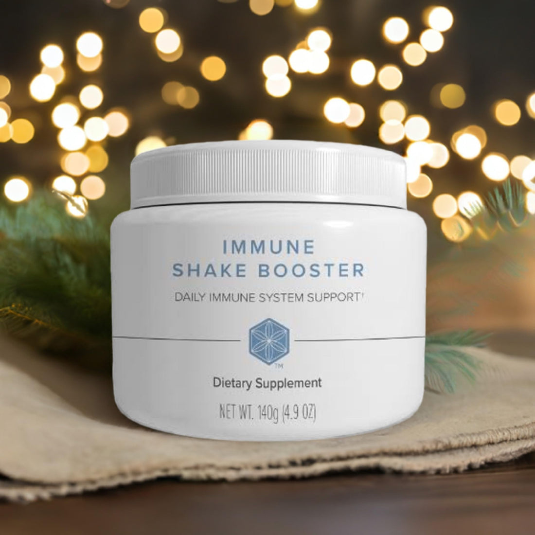 White container of immune shake booster dietary supplement on a white background