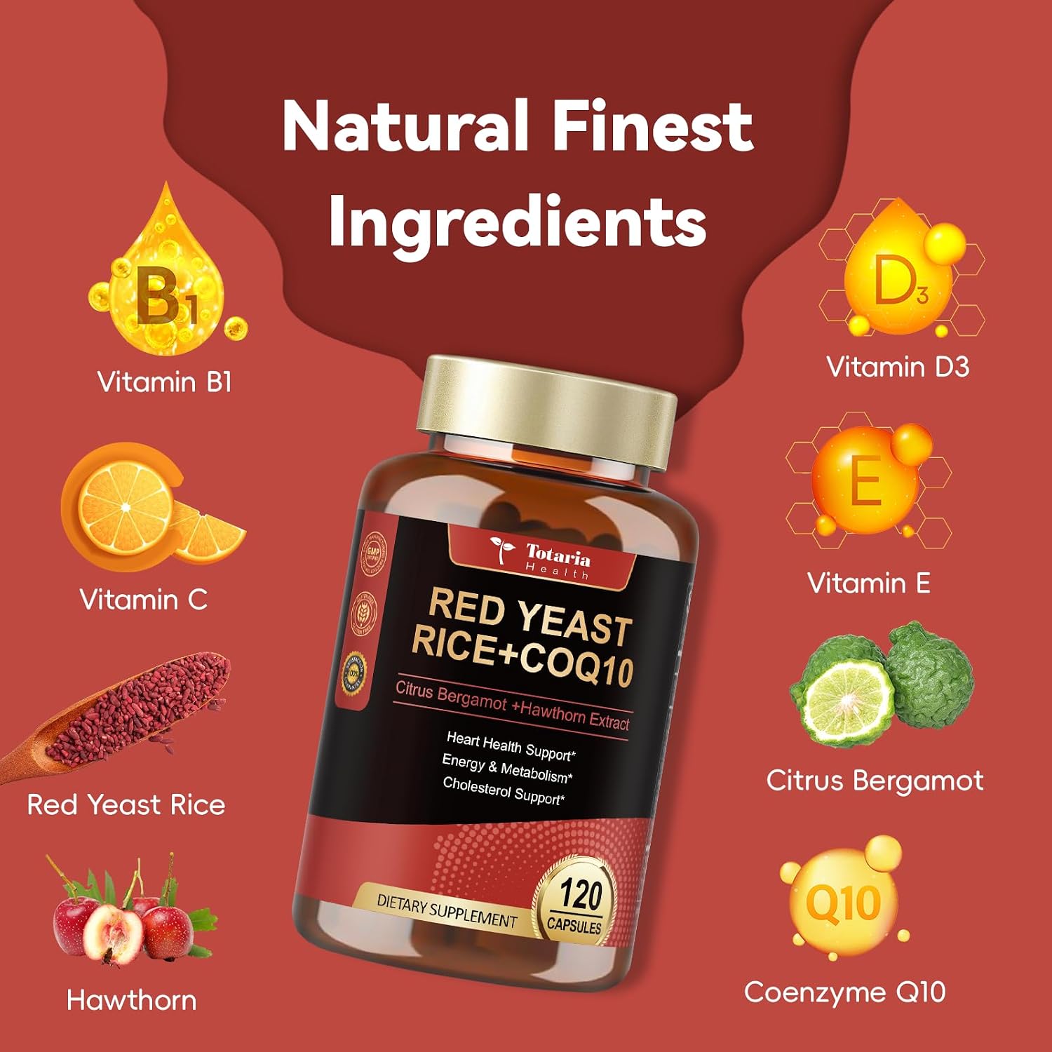 Totaria Red Yeast Rice 2,000mg with CoQ10 Supplement - Advanced Healthy Heart & Healthy Cholesterol Levels - Citrinin Free Extract Red Yeast Rice Capsules Plus Citrus Bergamot - Vegan, Non-GMO