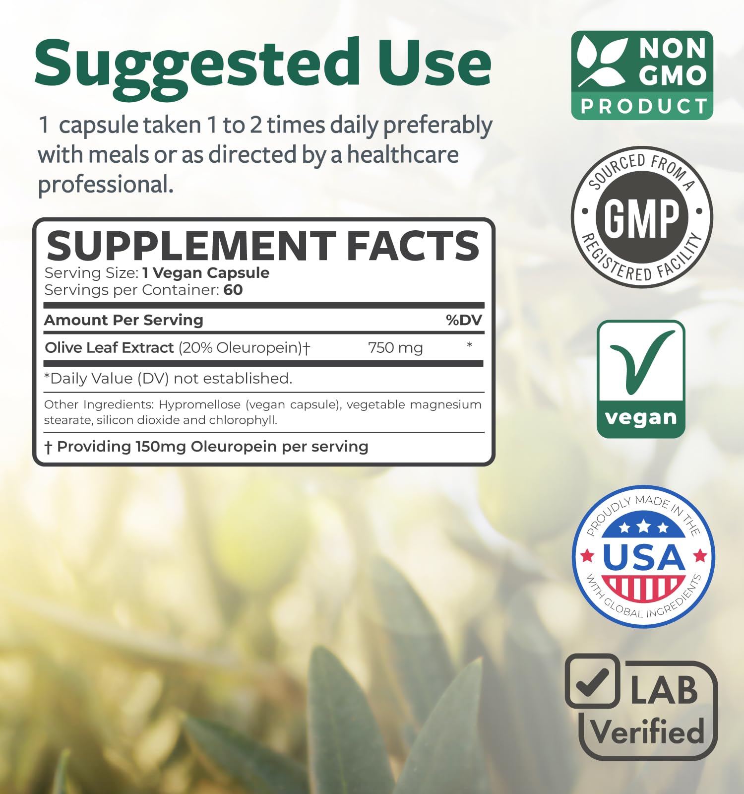 Super Strength Olive Leaf Extract Capsules - Vegan Non-GMO 750mg Olive Extract with 20% Oleuropein Antioxidant Supplement for Immunity Skin and Heart Health Support - Made in The USA (2 Month Supply)