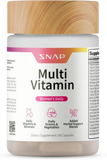 Snap Supplements Daily Multivitamin for Women, 60 Capsules | Daily Vitamins for Women with Minerals, Greens & Vegetables, Added Herbal Support Blends, Antioxidant Support, Non-GMO