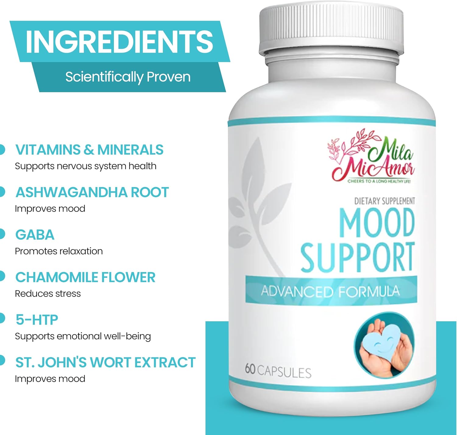 Mood Support Supplement – Ashwagandha, St. John’s Wort, Chamomile & B Vitamins for Stress Relief, Emotional Balance & Relaxation – Scientifically Backed Formula – 60 Capsules