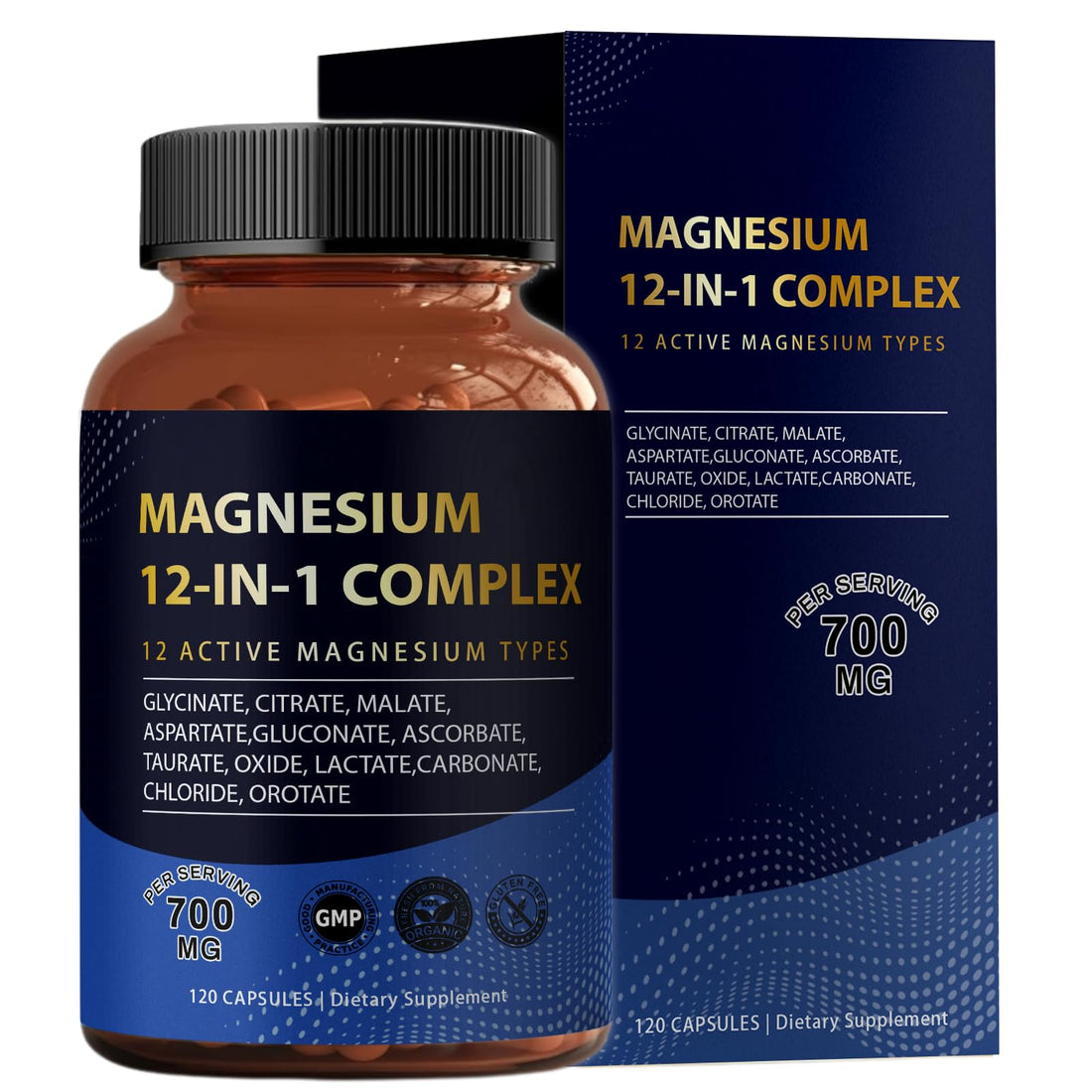 Supplement bottle labeled 'Magnesium 12-IN-1 Complex' on a white background