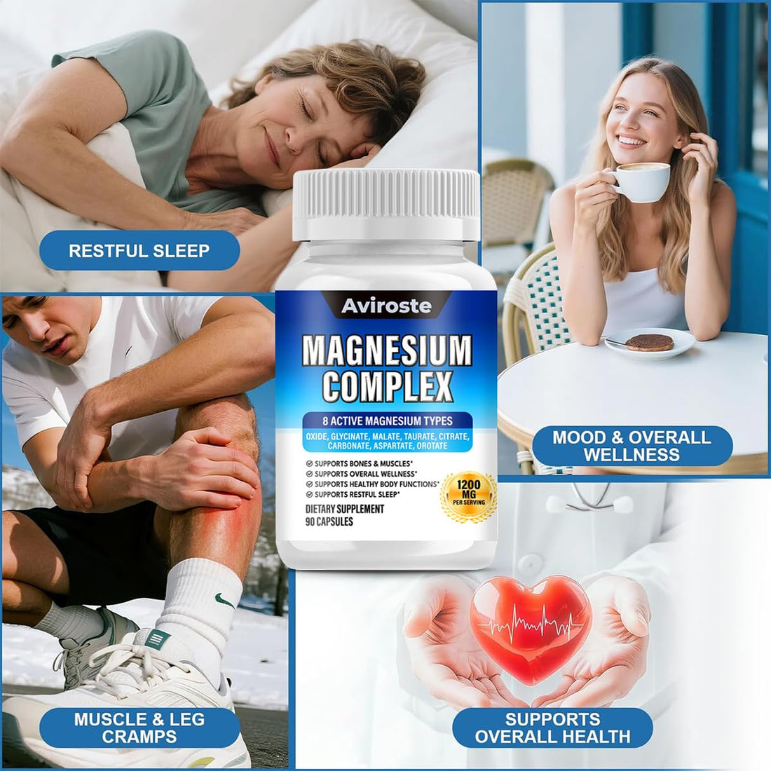 Supplement bottle labeled 'Magnesium Complex' by Aviroste with health benefits listed on a white background.