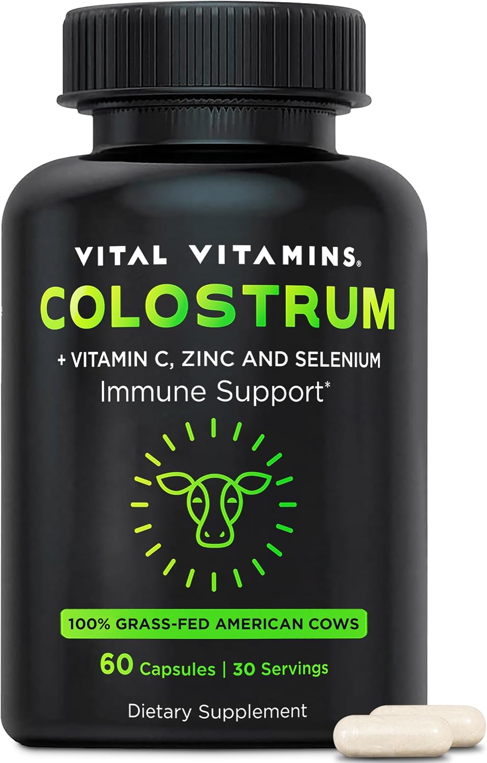 Vital Vitamins Colostrum Supplement, 30% IgG, Grass-Fed Bovine, 60 Capsules | Supports Immune Defense & Gut Health, Colostrum with Vitamin C, Zinc, & Selenium, Non-GMO