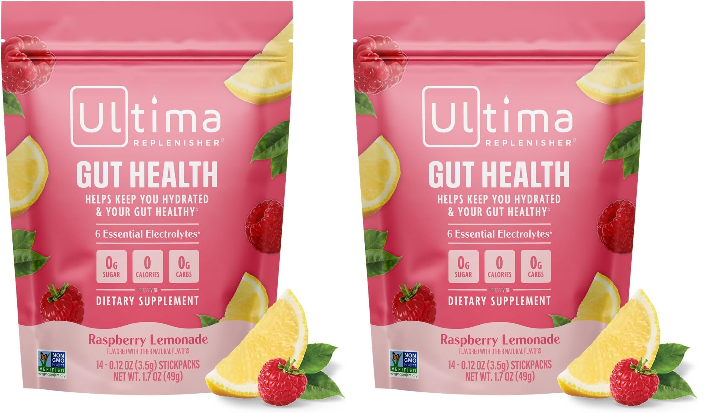 Ultima Replenisher Gut Health Supplement, Raspberry Lemonade, 14 Stickpacks | Daily Zero Sugar Electrolyte Powder Hydration Packets with 6 Key Electrolytes, Prebiotics & Probiotics for Gut Health Support