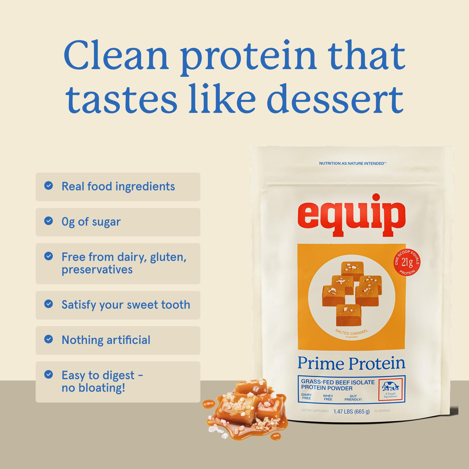 Equip Prime Chocolate Protein Powder - Gut-Friendly, No Sugar Protein Shake Powder with Grass-Fed Beef & Natural Collagen - Rich & Creamy Mix - 21g Per Serving - Whey & Dairy-Free (30 Scoops)