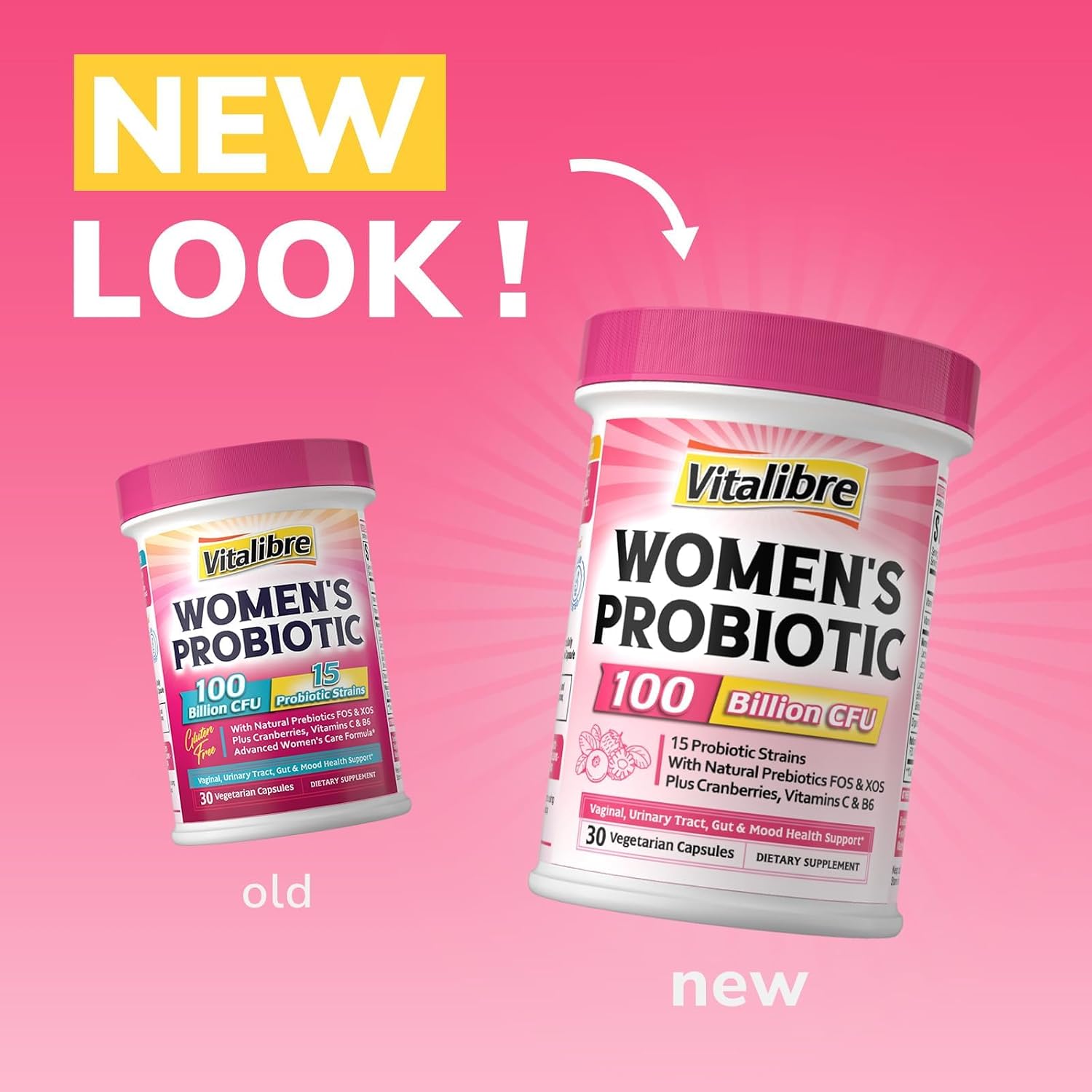 Vitalibre Probiotics for Women 100 Billion CFU 15 Strains, Daily Probiotic | 30 Vegan Capsules, Prebiotic Supplement with Organic Cranberry to Support Vaginal, Digestive, Immune Health, Shelf Stable
