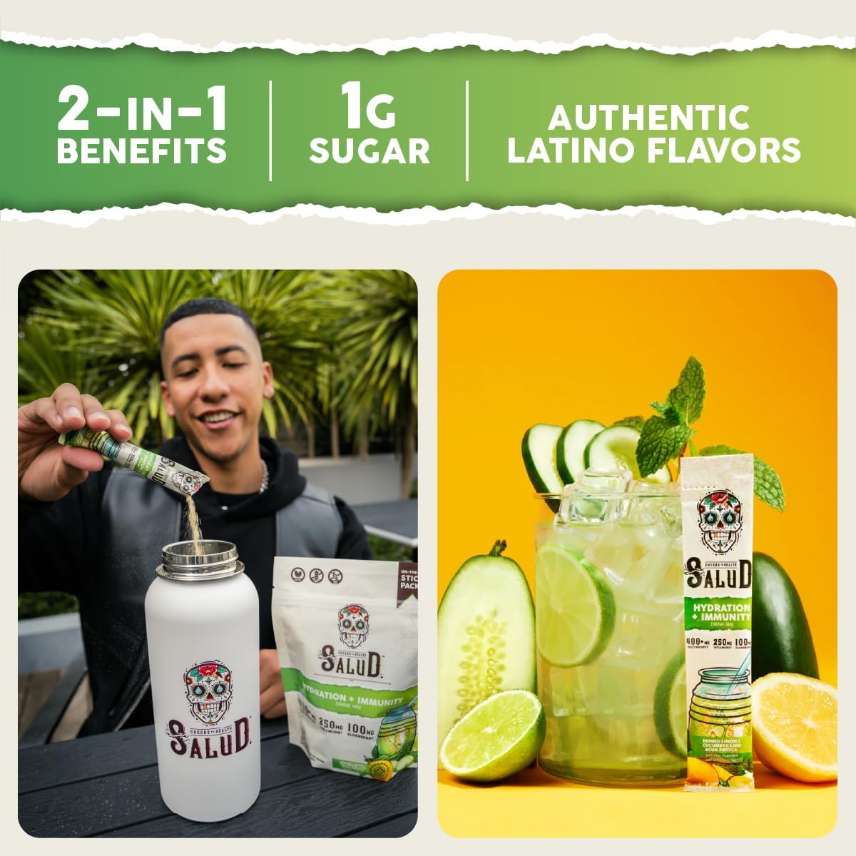 Salud 2-Pack | 2-in-1 Hydration + Immunity (Cucumber Lime) & Energy + Focus (Guava) – 15 Servings Each, Agua Fresca Drink Mix, Non-GMO, Gluten Free, Vegan, Low Calorie, 1g of Sugar