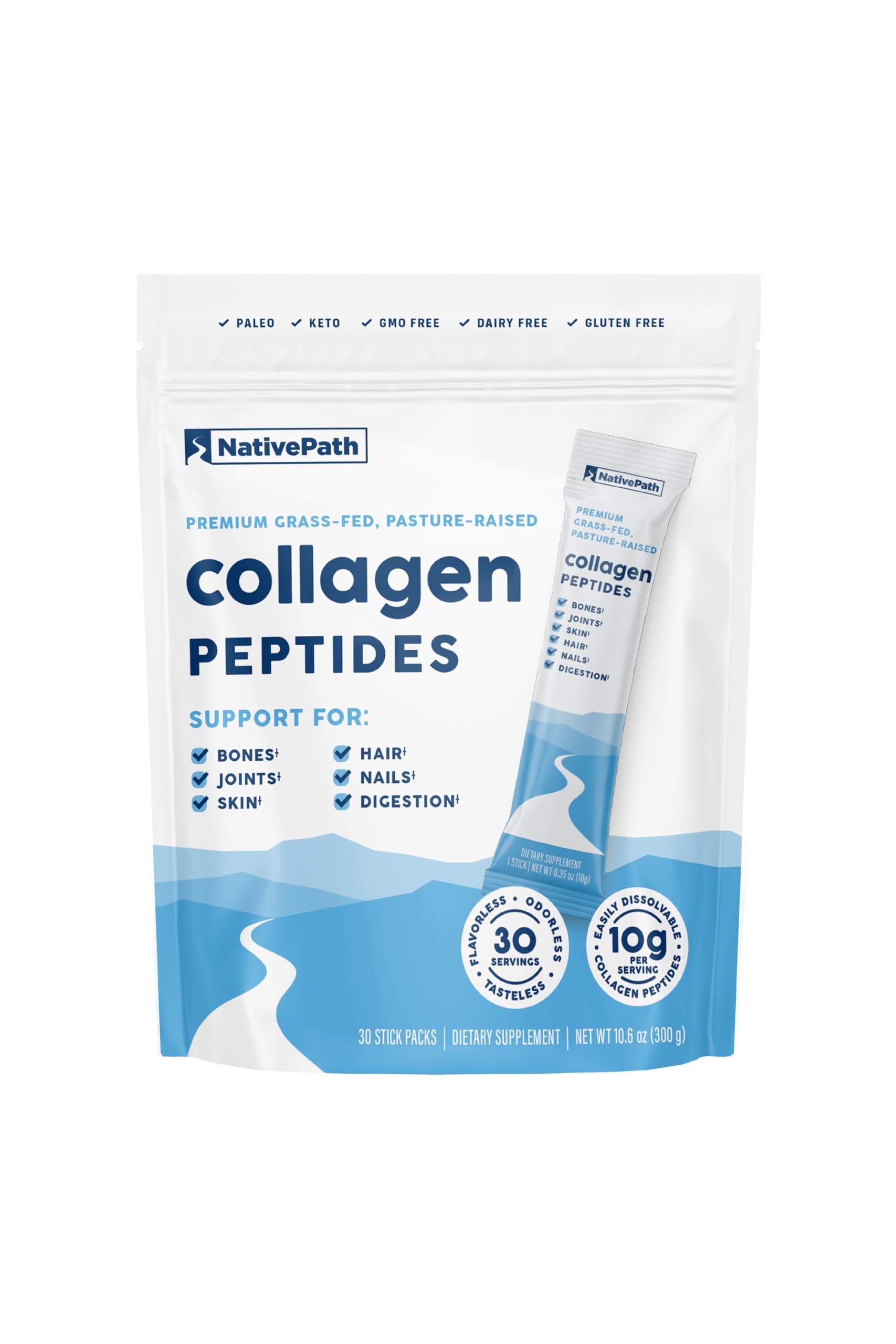 NativePath Collagen Peptides, Grass-Fed Type 1 & 3, 45 Servings | 10g Hydrolyzed Per Scoop, Supports Hair, Skin, Nails & Joints, Unflavored, Women & Men, Keto & Paleo