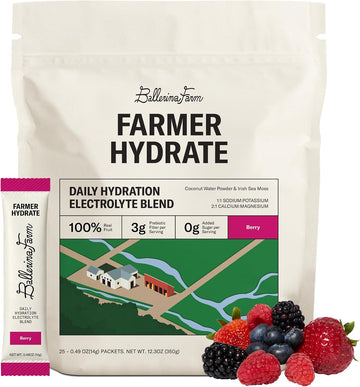 Ballerina Farm Farmer Hydrate Berry Electrolyte Powder Packets | Travel Ready, Organic Coconut Water, Irish Sea Moss, French Sea Salt, 210mg Sodium, 25 Count
