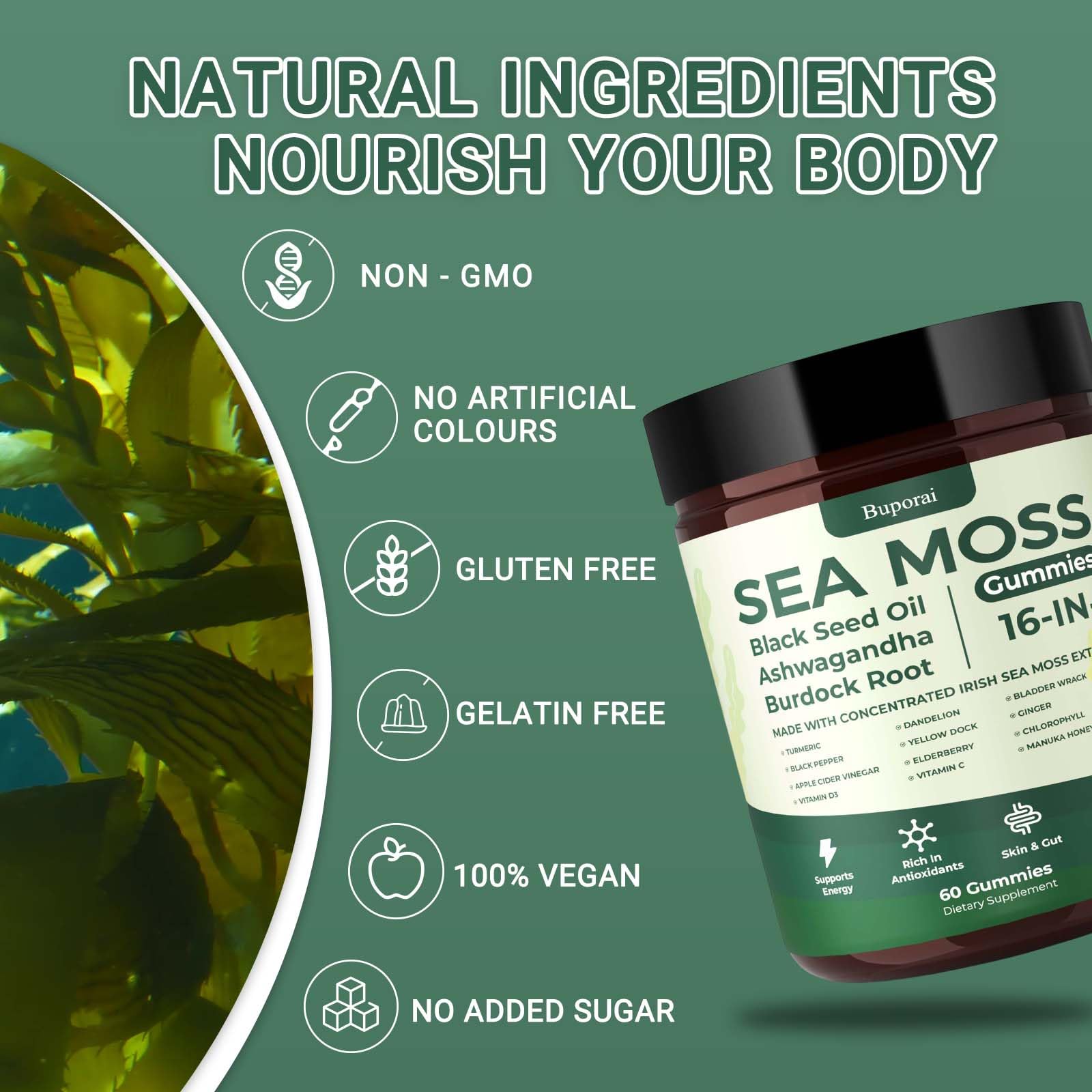 Sea Moss Gummies 16-1, Black Seed Oil Ashwagandha Turmeric Bladder Wrack Vitamin C Vitamin D3 Elderberry Manuka Dandelion Yellow Dock Apple Cider Vinegar for Men & Women