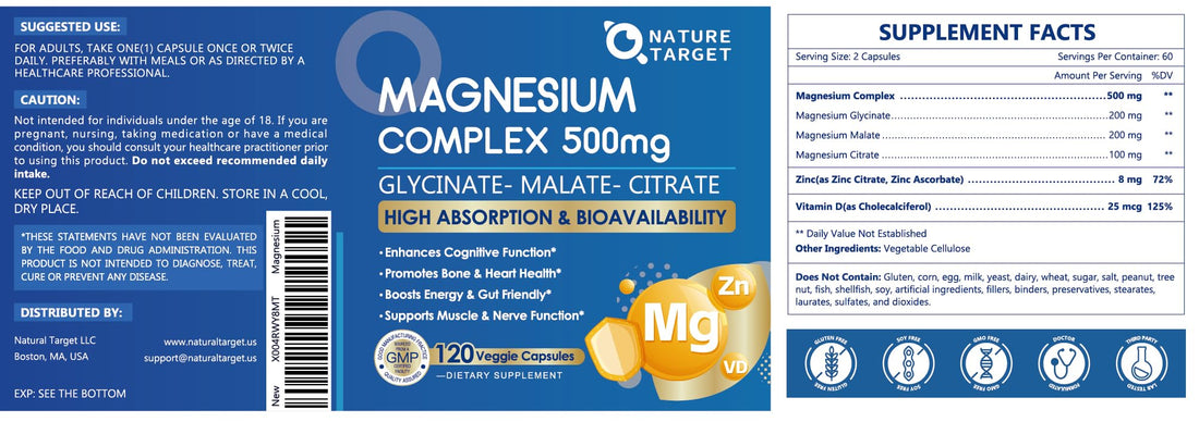 Supplement bottle labeled 'Magnesium Complex 500mg' by Nature Target on a white background