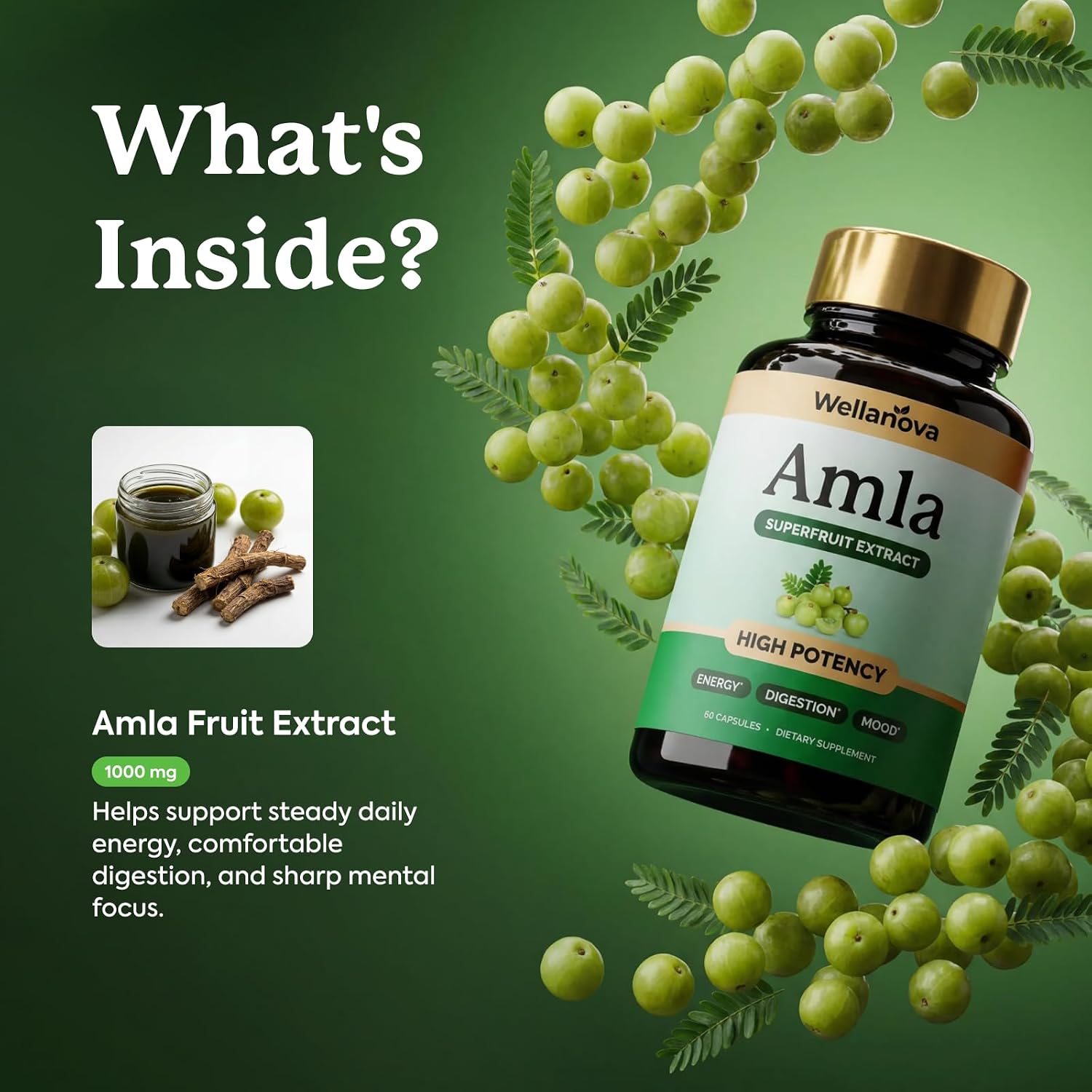 Amla Capsules 1000mg - Amla Superfruit Extract - 60 Capsules | from Indian Gooseberry (Amalaki), Ayurvedic Supplement, Antioxidant, Energy & Digestive Support - 60 Capsules