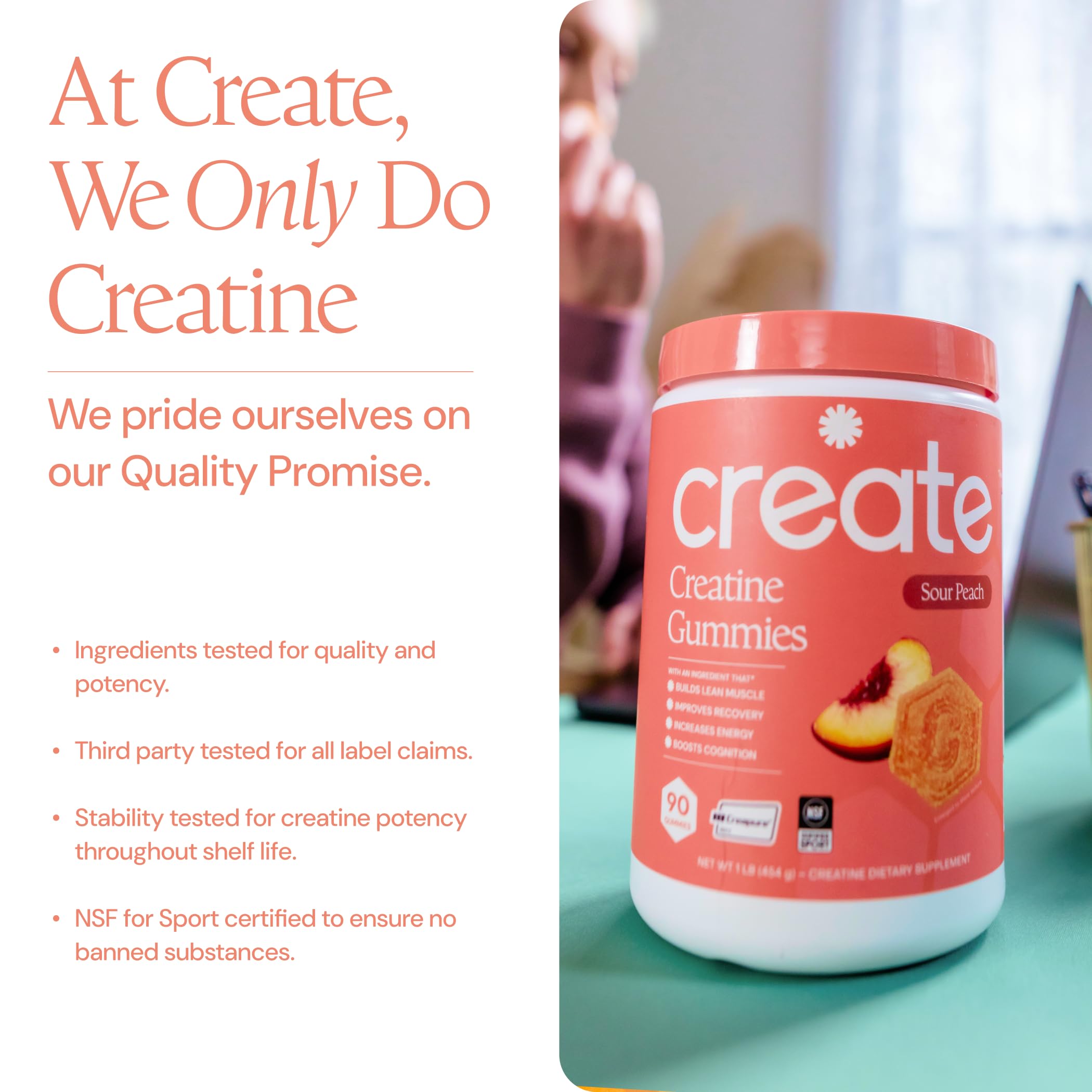 Create Creatine Monohydrate Gummies for Men & Women, Boost Focus, Strength, and Endurance, Anti-Melting Formula, Vegan, Gluten-Free, Non-GMO, 1.5g of Creatine per Gummy (Orange)