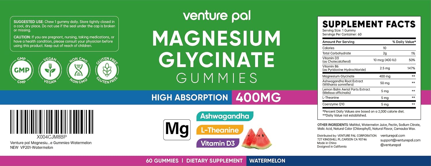 60 Day Supply Magnesium Glycinate 400mg Gummies Sugar Free High Absorption | With Ashwagandha, L-Theanine, CoQ10, Vitamin D3 & B6, Adults & Kids, Stress Relief, Sleep & Calm, Vegan, Gluten Free