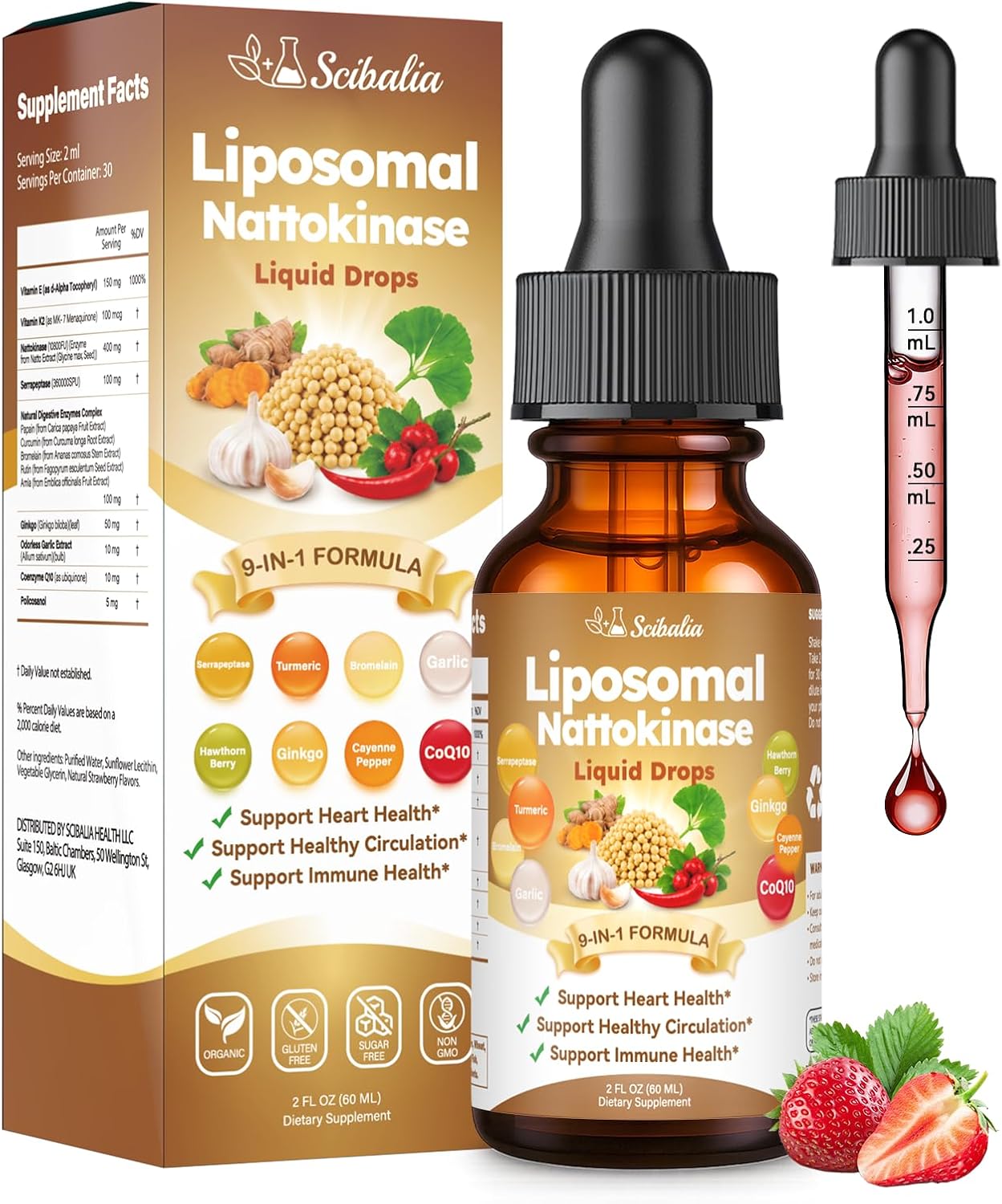 Nattokinase 10800 FU Supplement Liquid Drops, Ultimate 9-in-1 Natto -kinase Serrapeptase Enzyme Blend w. Bromelain Curcumin CoQ10 K2 MK7 for Circulatory Heart & Digestive Spike, Liposomal Tech