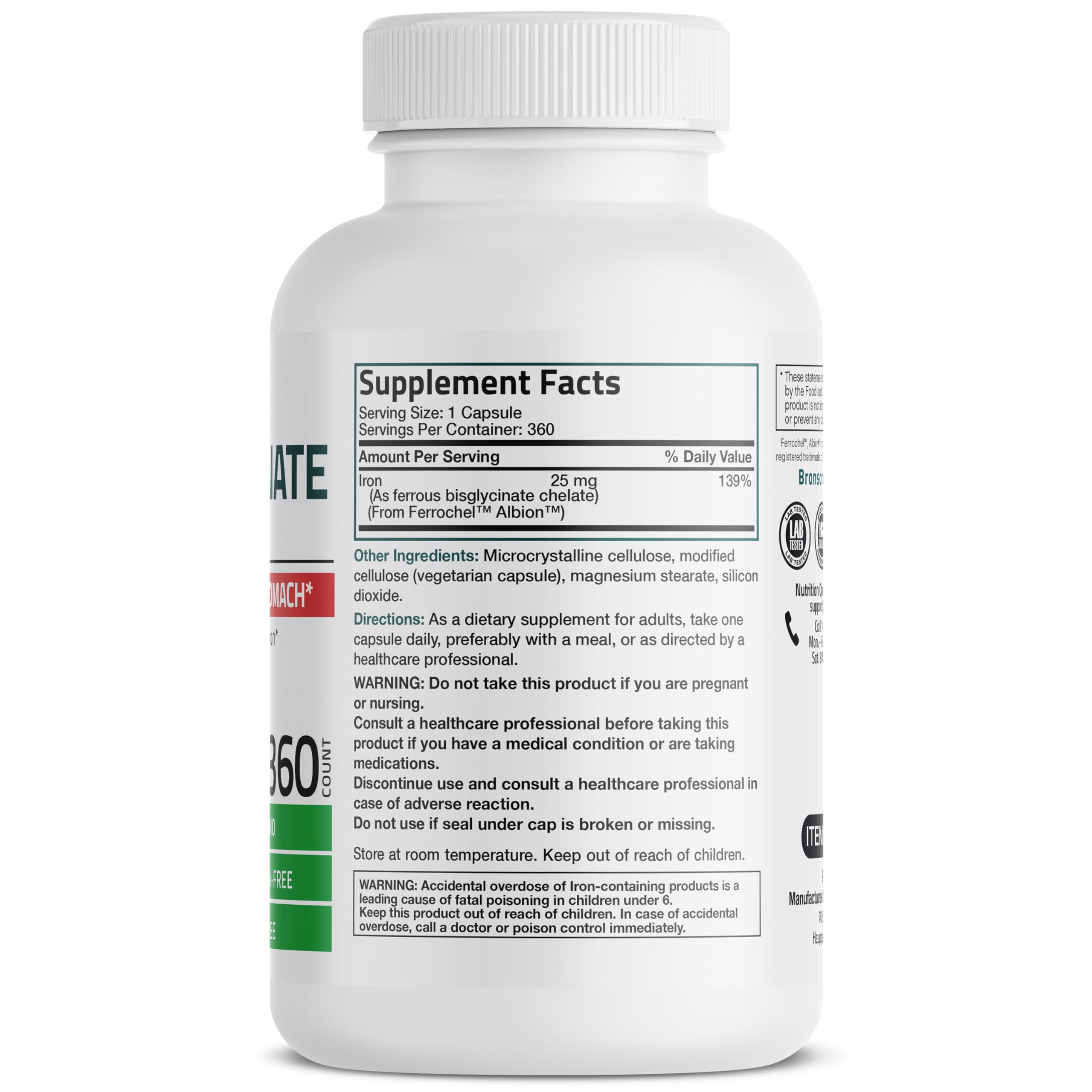Bronson Iron Bisglycinate 25 mg Gentle on The Stomach, Supports Energy & Healthy Red Blood Cell Production - Non-Constipating Formula - Non GMO, 90 Vegetarian Capsules