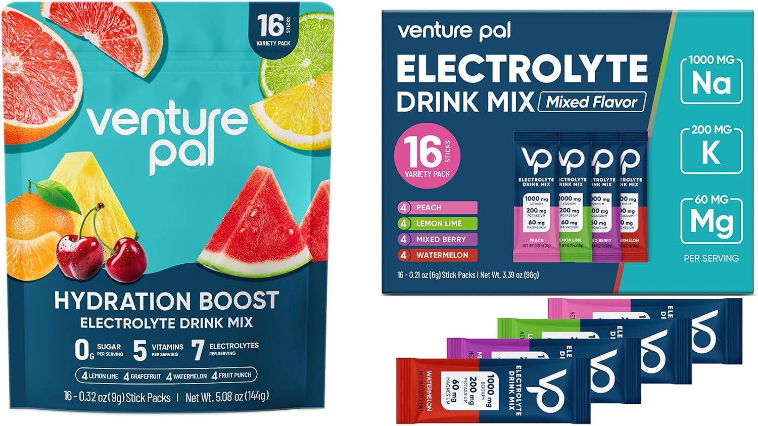 Venture Pal Electrolyte Powder Bundle – Sugar-Free Hydration Packets with High Sodium & Balanced Electrolytes, Zero Calories, 5 Vitamins, Keto, Vegan, Non-GMO – 32 Sticks Total