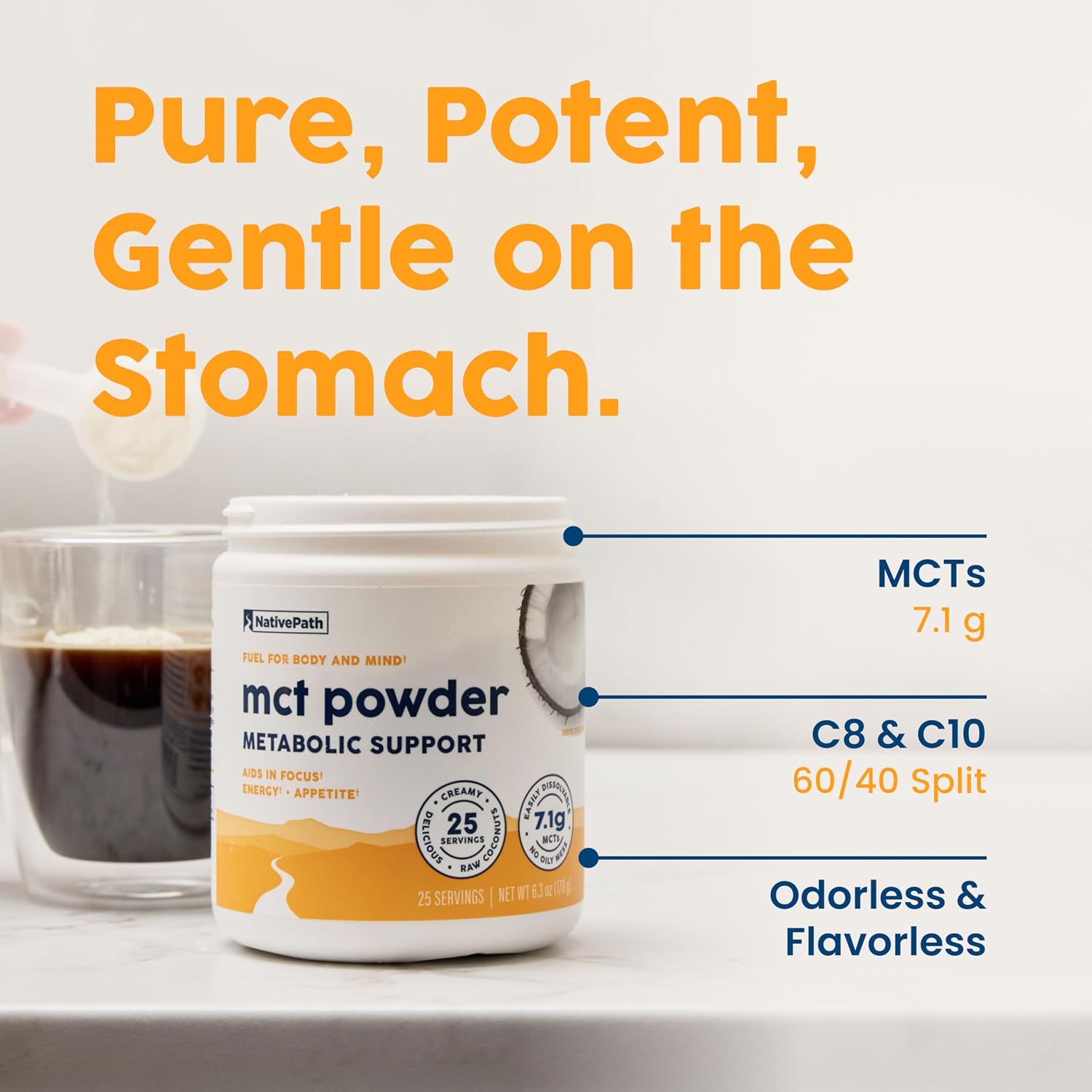 NativePath MCT Oil Powder, Keto C8 & C10, Unflavored, 25 Servings | From Coconut, Supports Clean Energy & Ketones, Coffee & Smoothies, Dairy-Free, Prebiotic Acacia Fiber