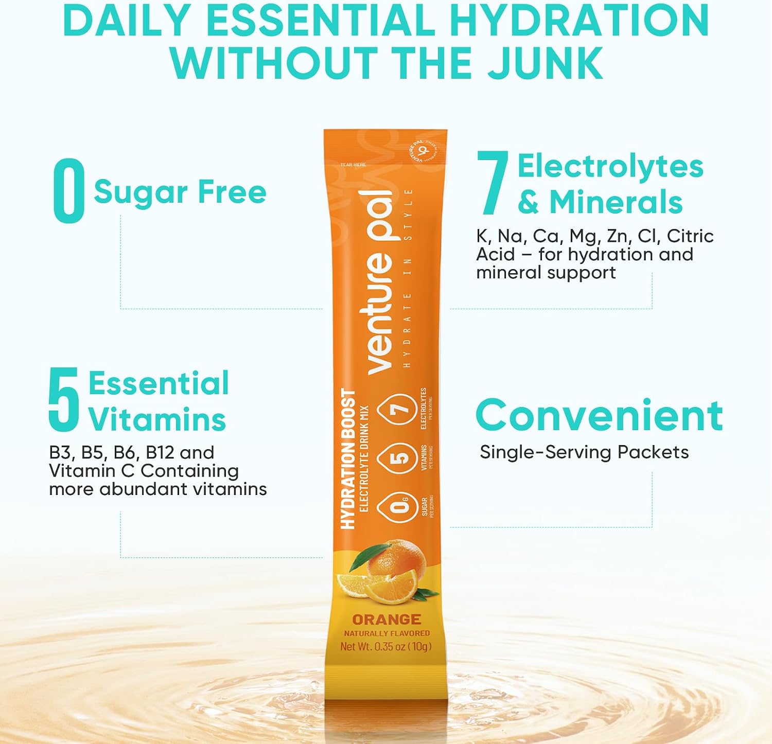 Venture Pal Sugar Free Electrolyte Powder, Liquid Daily IV Hydration Packet | 7 Electrolytes & 5 Vitamins, Electrolytes Dink Mix for Party Recovery & Instantly Hydration, Vegan, Keto-Friendly, 16 Sticks