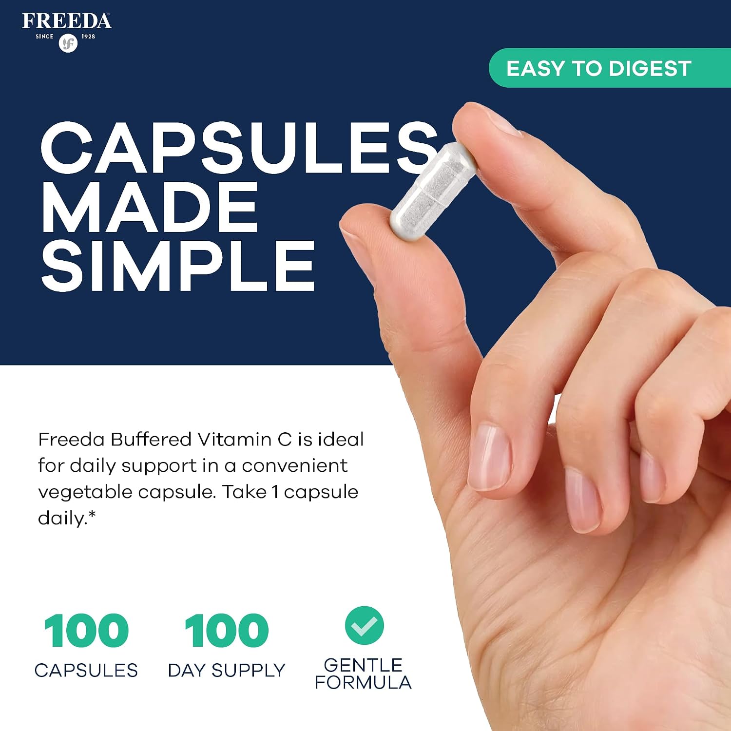 FREEDA Buffered Vitamin C 500mg for Immune Support – 100 Capsules | Includes 50mg Calcium – Supports Immune Health & Antioxidant Defense – Gentle on Stomachs, Kosher, Vegan, & Made in USA