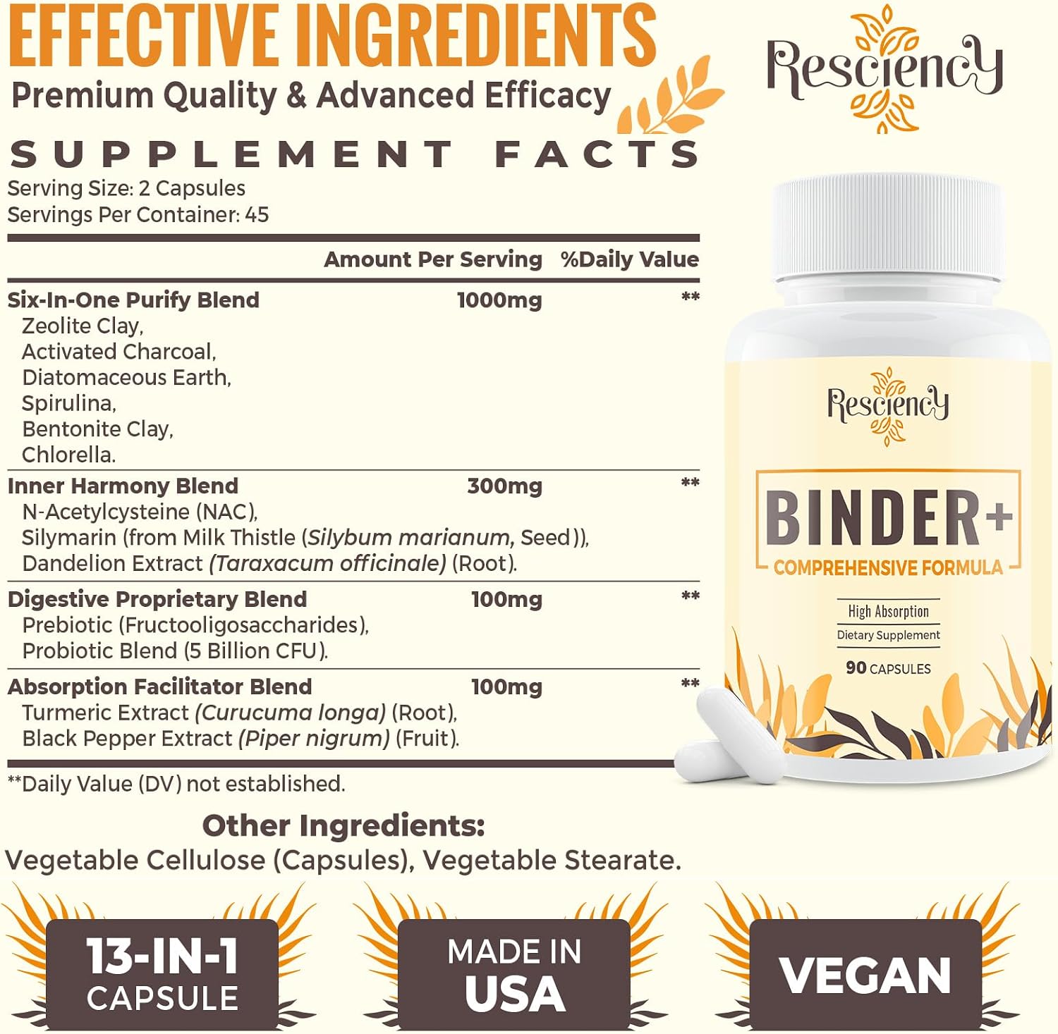 Resciency Detox Binder Supplement - All-in-1 Detox Binder with Zeolite, Bentonite Clay, Activated Charcoal, Milk Thistle, Proprietary Blends - Liver & Digestive, Max Absorption, 180 Counts
