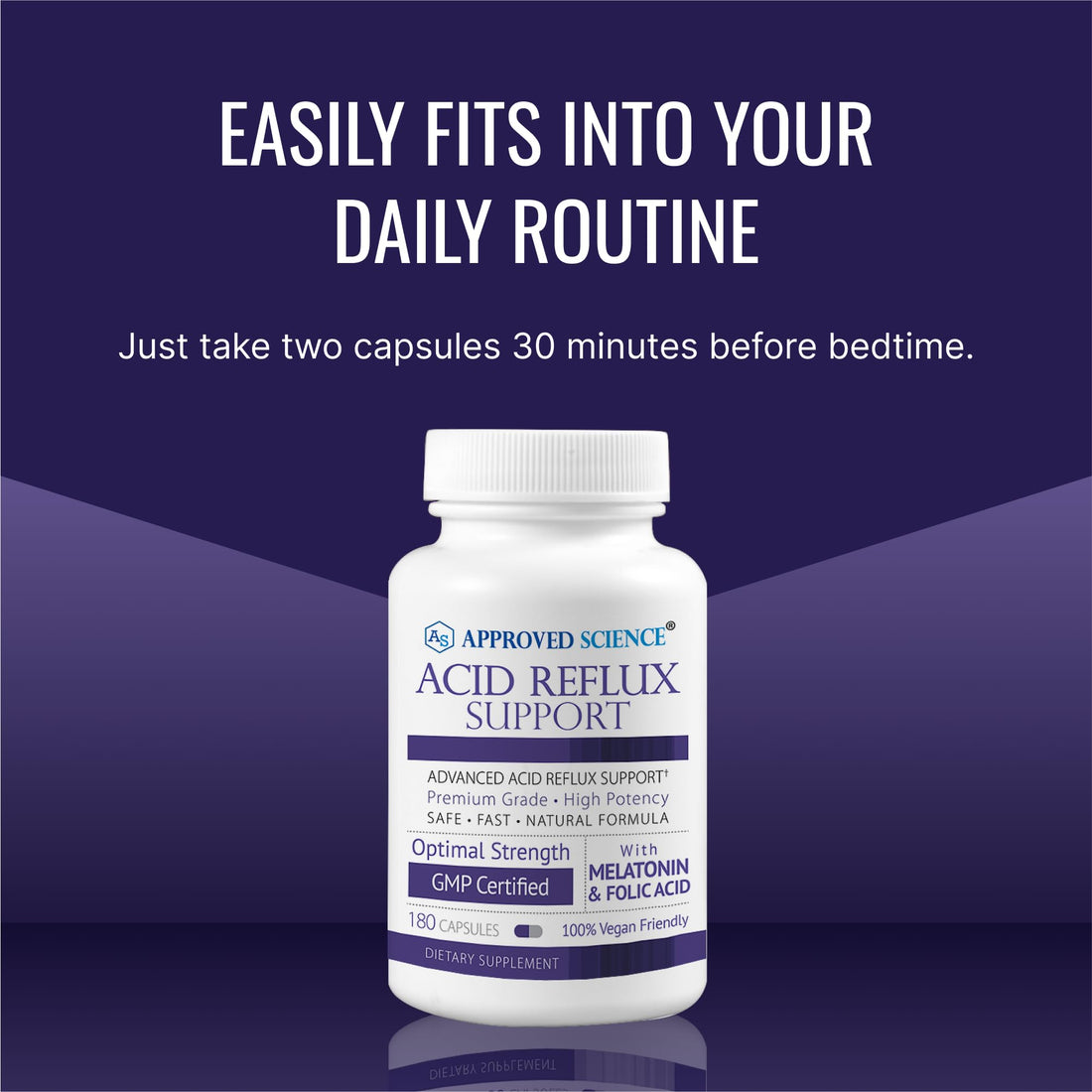 Supplement bottle labeled 'Acid Reflux Support' by Approved Science on a white background