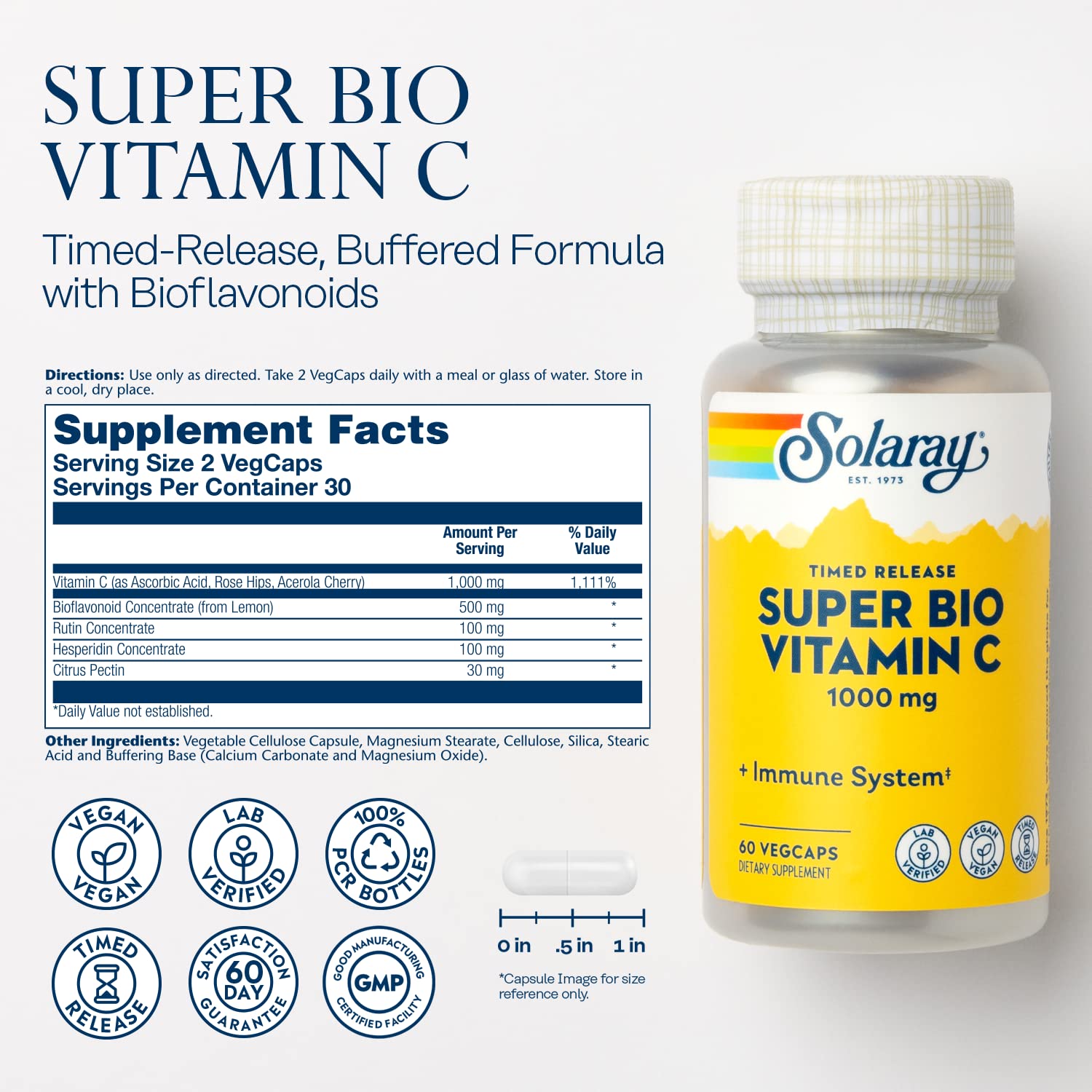 SOLARAY Super Bio Vitamin C 1000mg, Buffered, Two-Stage Timed Release with Bioflavonoids, Immune Support Supplement, High Absorption, Vegan, 60-Day Guarantee – 250 VegCaps