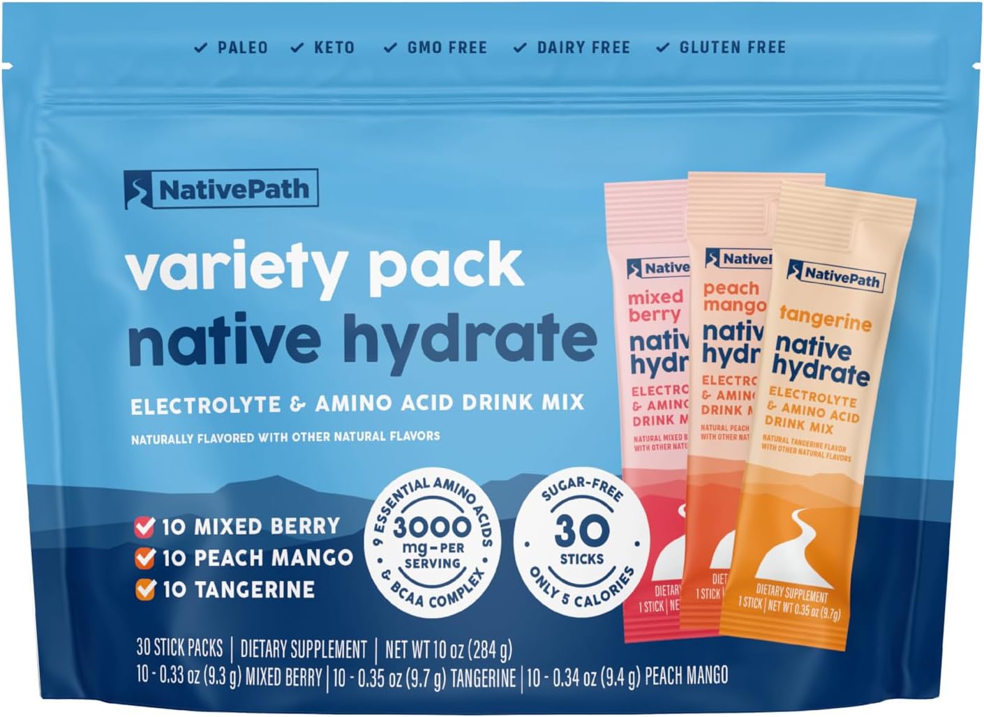 NativePath Hydrate Electrolyte Stick Packs Variety Pack, 30 Count | Mixed Berry, Peach Mango & Tangerine Sticks, 14 Vitamins, 9 Aminos & 2000mg BCAAs, Zero Sugar, Keto
