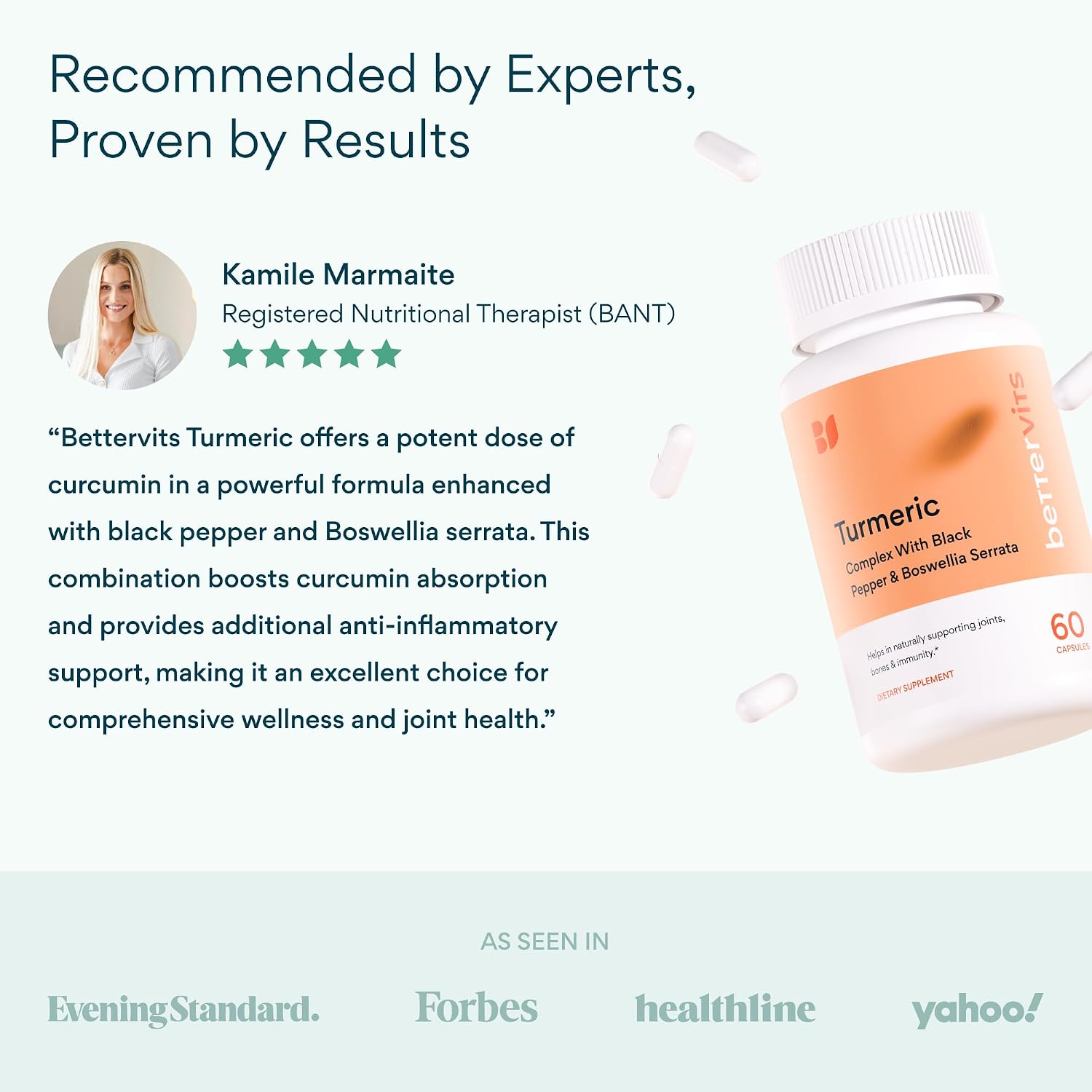 Bettervits Turmeric Curcumin Supplement with Black Pepper and Boswellia Serrata | Organic 1000mg Turmeric Supplement for Enhanced Absorption and Vitamin C | Joint Support - Non-GMO | 60 Vegan Capsules