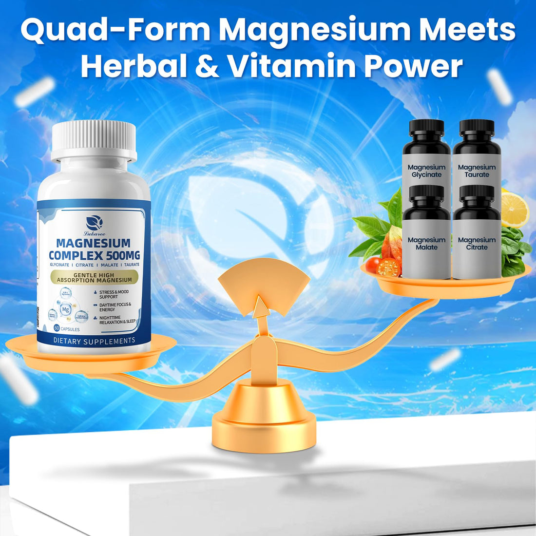 Two bottles of magnesium supplements with lemon, apple, and multivitamin ingredients on a white background