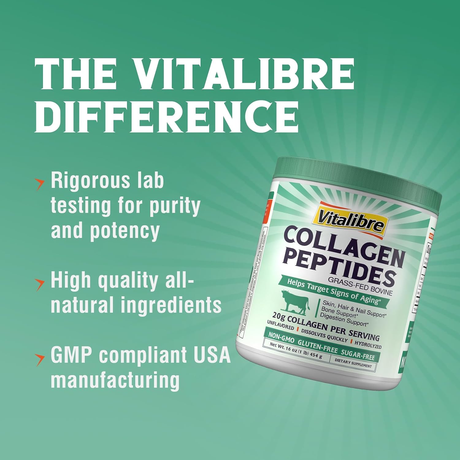 Vitalibre Bovine Collagen Peptides Powder for Women and Men, Grass-Fed Hydrolyzed Collagen Protein Type I & III, Skin, Hair, Nails, Bones, Digestion, Unflavored, Non-GMO, Keto & GF, 22 Servings, 16oz
