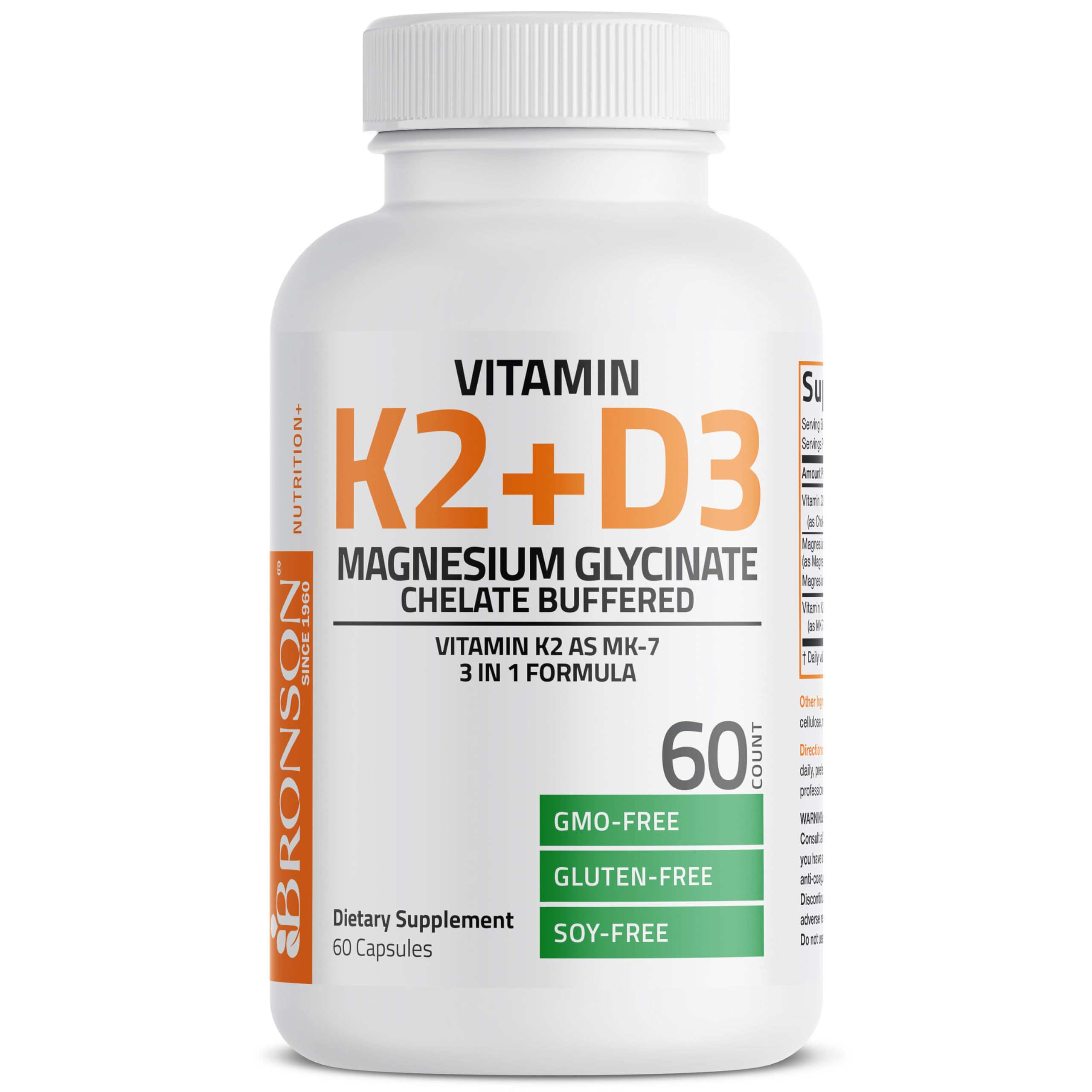 Bronson Vitamin K2+D3 Magnesium Glycinate Supplement, 60 Capsules | 3-in-1 Bone & Heart Health Support Formula, Non-GMO, Gluten Free, Soy Free