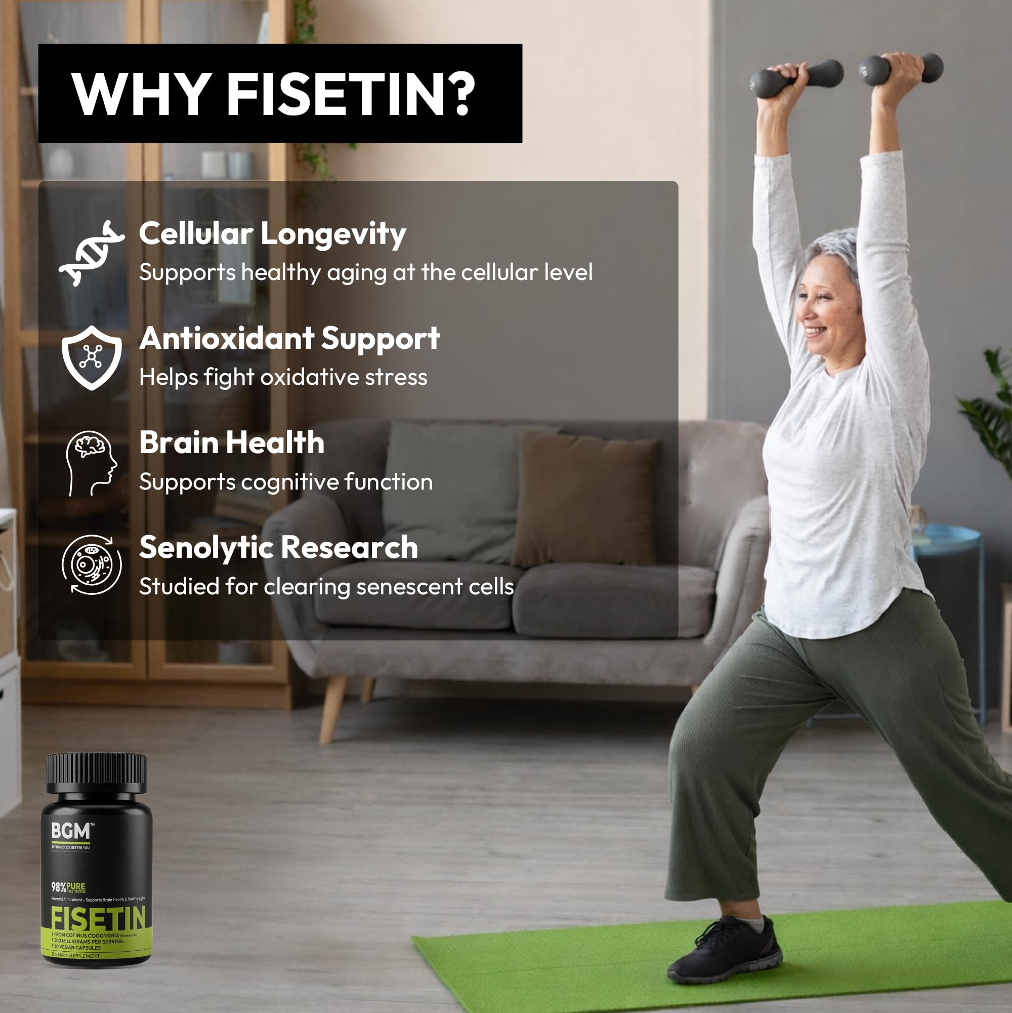 BGM Fisetin 500mg Supplement | Smoke Tree Extract (Cotinus coggygria) | 98% Pure Senolytic Antioxidant | Vegan Capsules | Supports Brain Health & Healthy Aging BGM Better Goods, Better YouBuy Supplements Australia