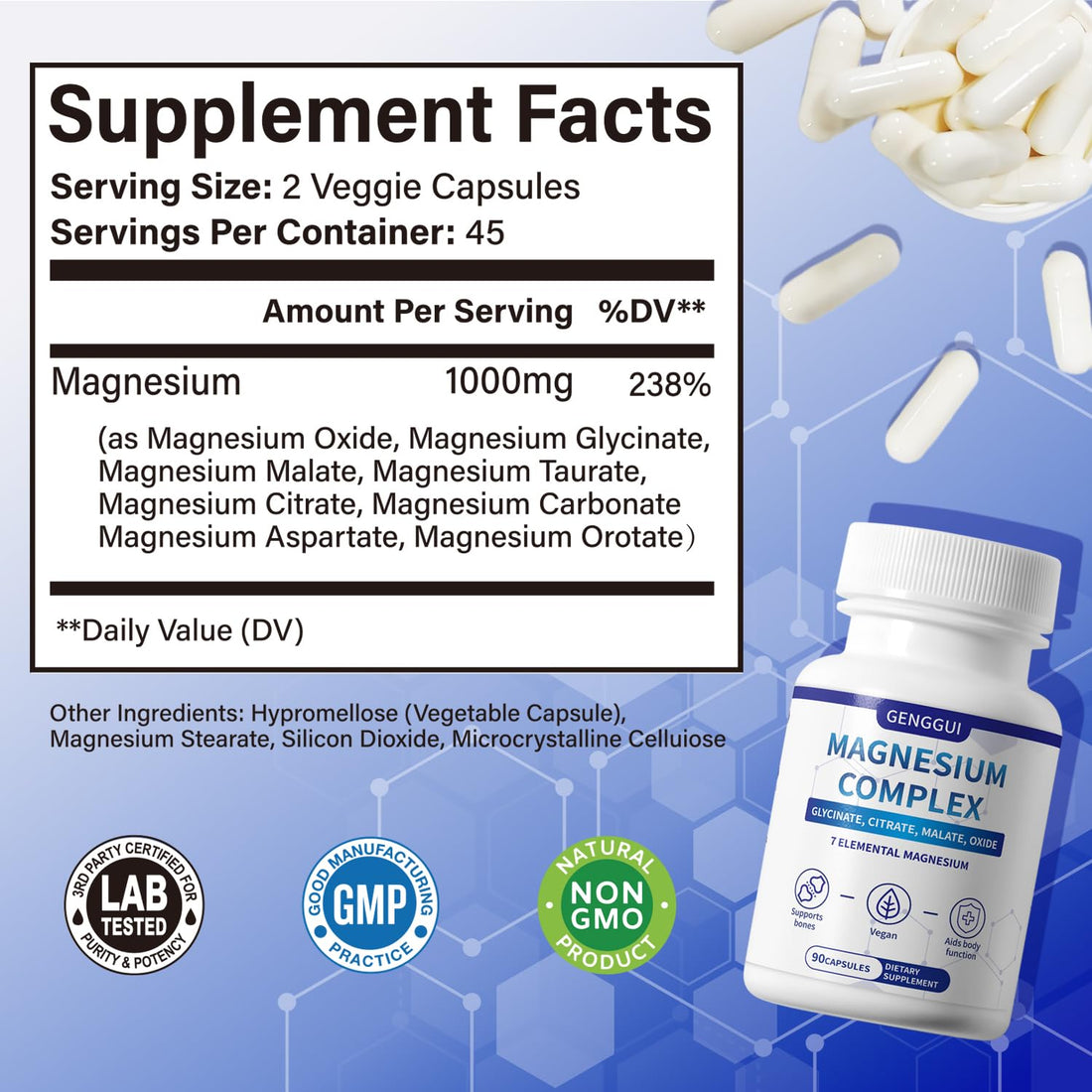 Genggui Magnesium Complex supplement bottle and packaging on a white background