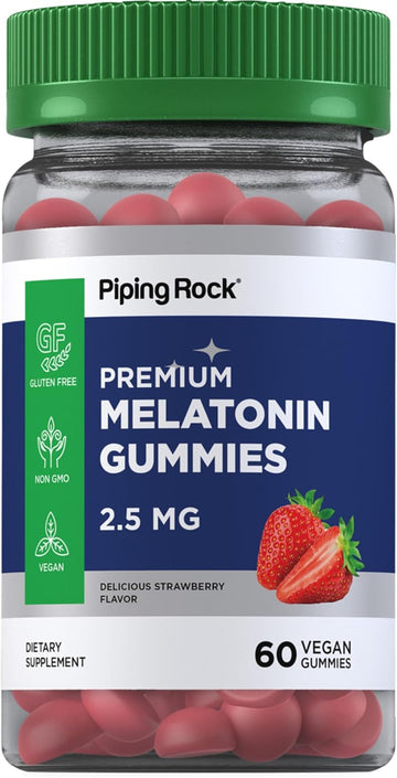 Piping Rock Melatonin Gummies 2.5 mg | 60 Count | Strawberry Flavor Gummy | Vegan, Non-GMO, Gluten Free Supplement