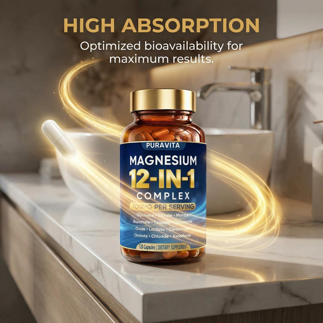 Puravita Magnesium 12-in-1 Complex supplement bottle and packaging on a white background