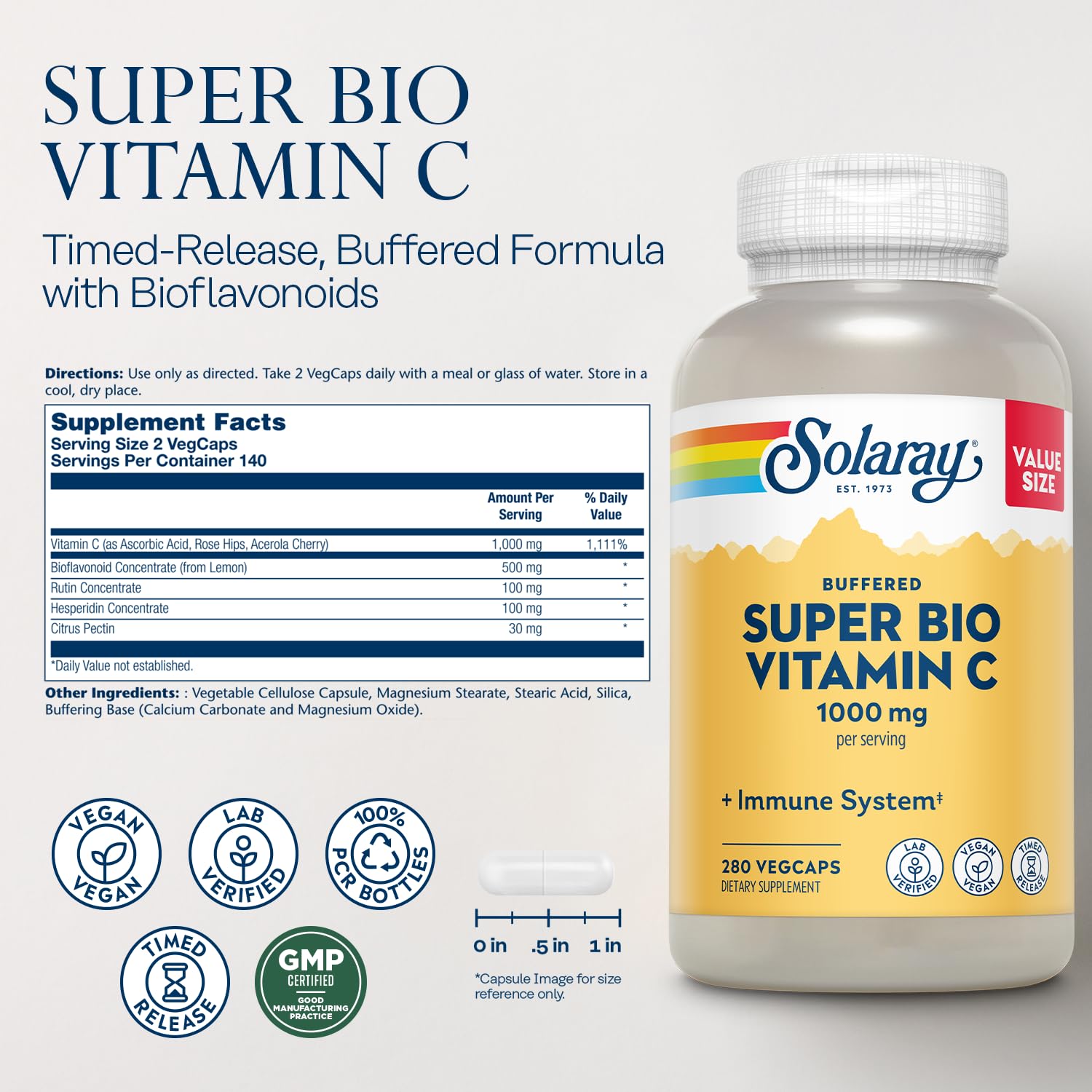 SOLARAY Super Bio Vitamin C 1000mg, Buffered, Two-Stage Timed Release with Bioflavonoids, Immune Support Supplement, High Absorption, Vegan, 60-Day Guarantee – 250 VegCaps
