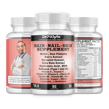 DrPKLyfe Hair, Nail and Skin Supplement Capsules:Biotin, Collagen, Collagen Peptides, Acid Hyaluronic, Biotin, Vitamin A, C, B5, B6 Saw Palmetto & More - 90 Capsules. DrPKLyfeBuy Supplements Australia