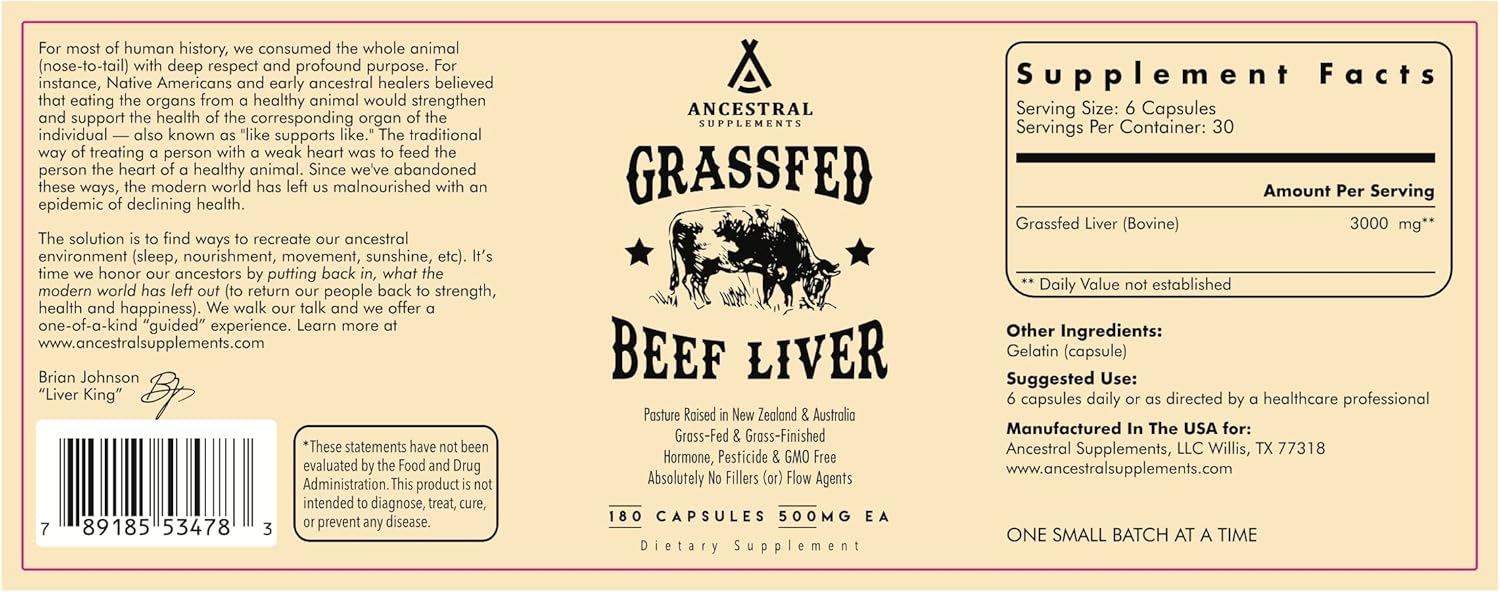 Ancestral Supplements Grass Fed Beef Liver Capsules, 180 Ct (3-Pack) | This freeze-dried beef liver supplement supports energy production, cleansing, digestion and immunity.