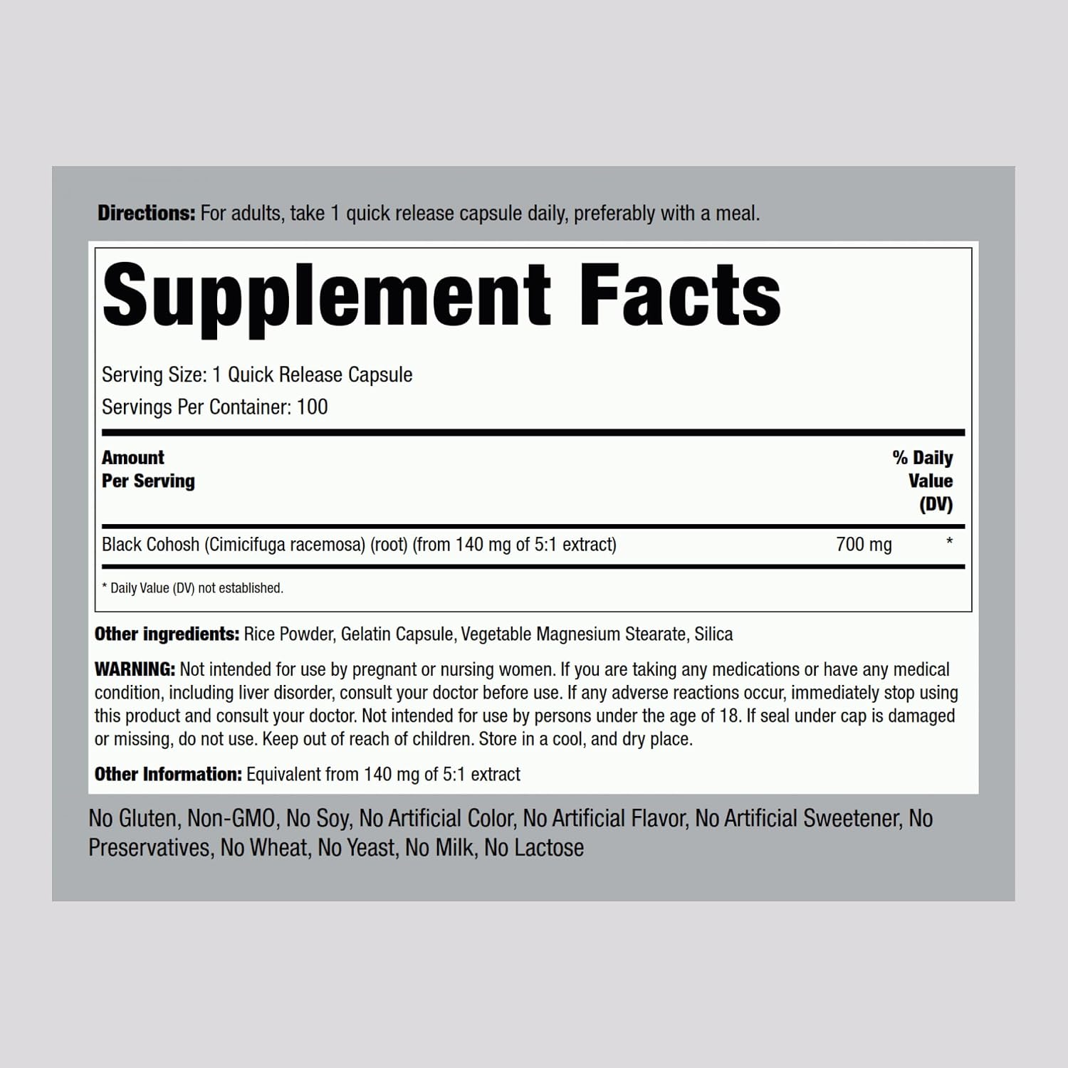 Piping Rock Black Cohosh Root Extract | 100 Capsules | Concentrated Formula | Non-GMO, Gluten Free Supplement