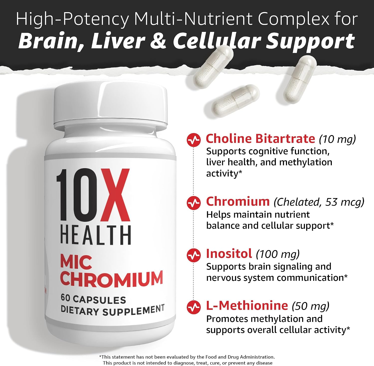 10X Health Mic Chromium - 60 Capsules | Choline Inositol: L-Methionine, Daily Nutritional Support, 60 Capsules, Non-GMO