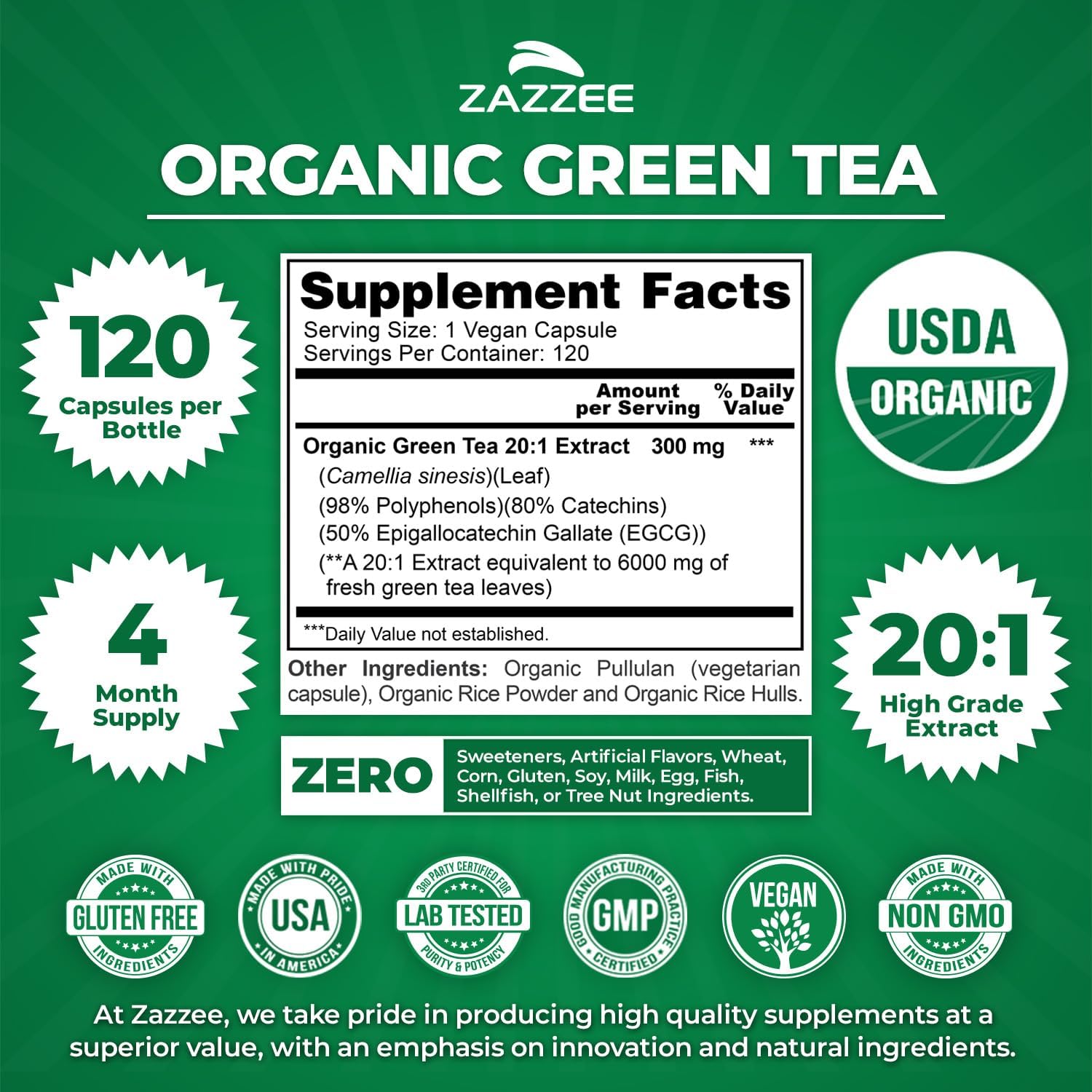 Zazzee USDA Organic Green Tea 20:1 Extract, 50% EGCG, 98% Polyphenols, 80% Catechins, 120 Vegan Capsules, 4 Month Supply, Antioxidant, Metabolism & Energy Support, Non-GMO, All-Natural, Made in USA